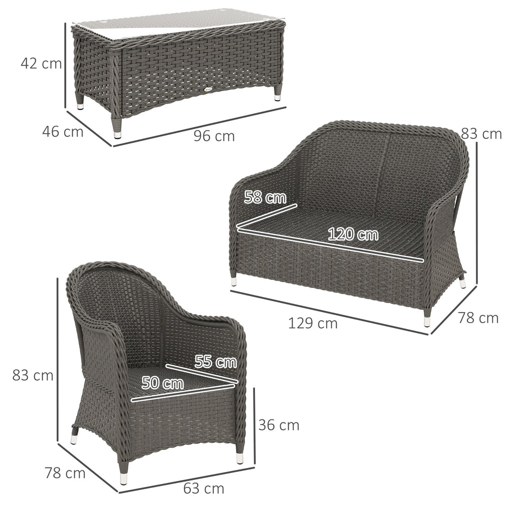 Dimensions specifications for light grey four-piece rattan sofa set with table
