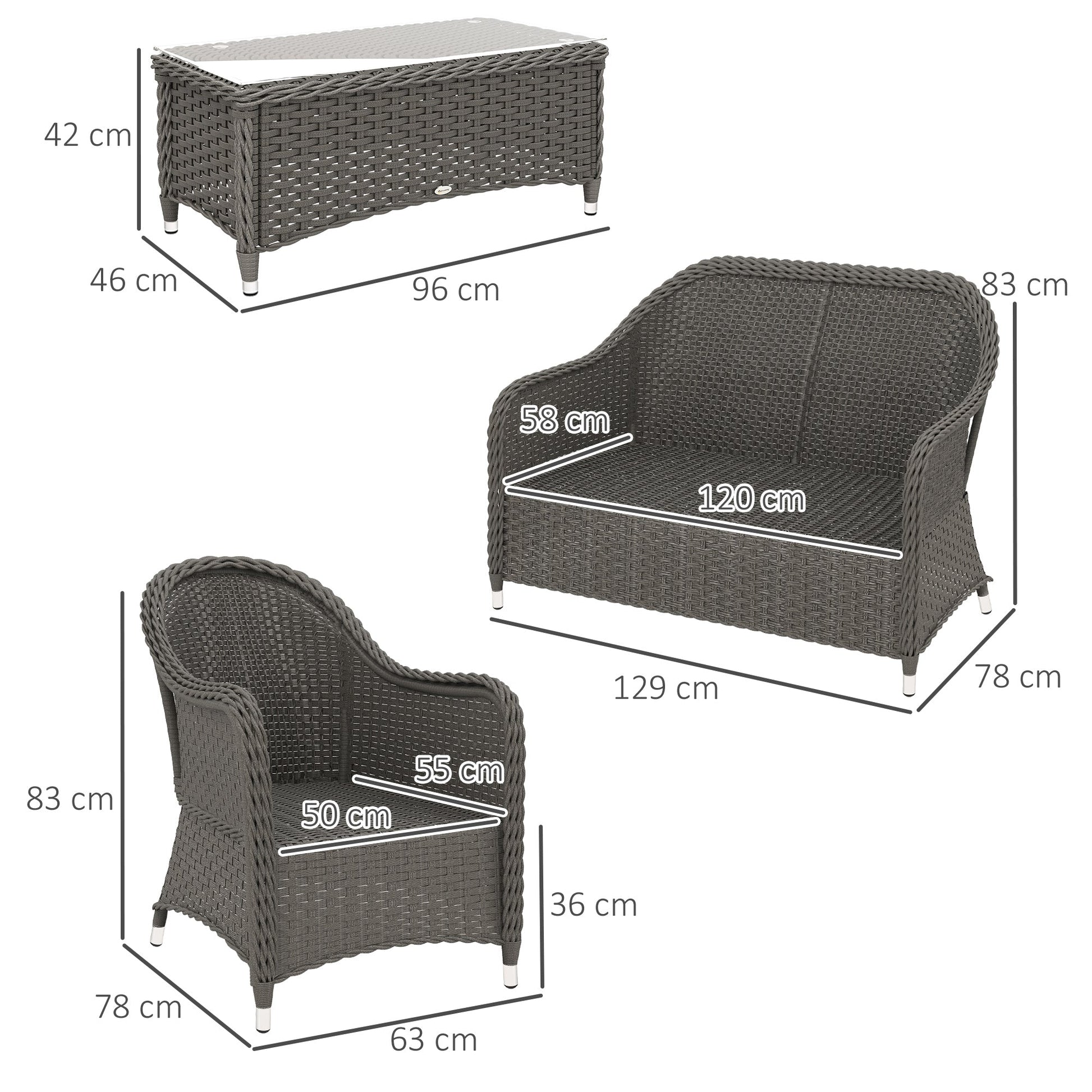 Dimensions specifications for light grey four-piece rattan sofa set with table
