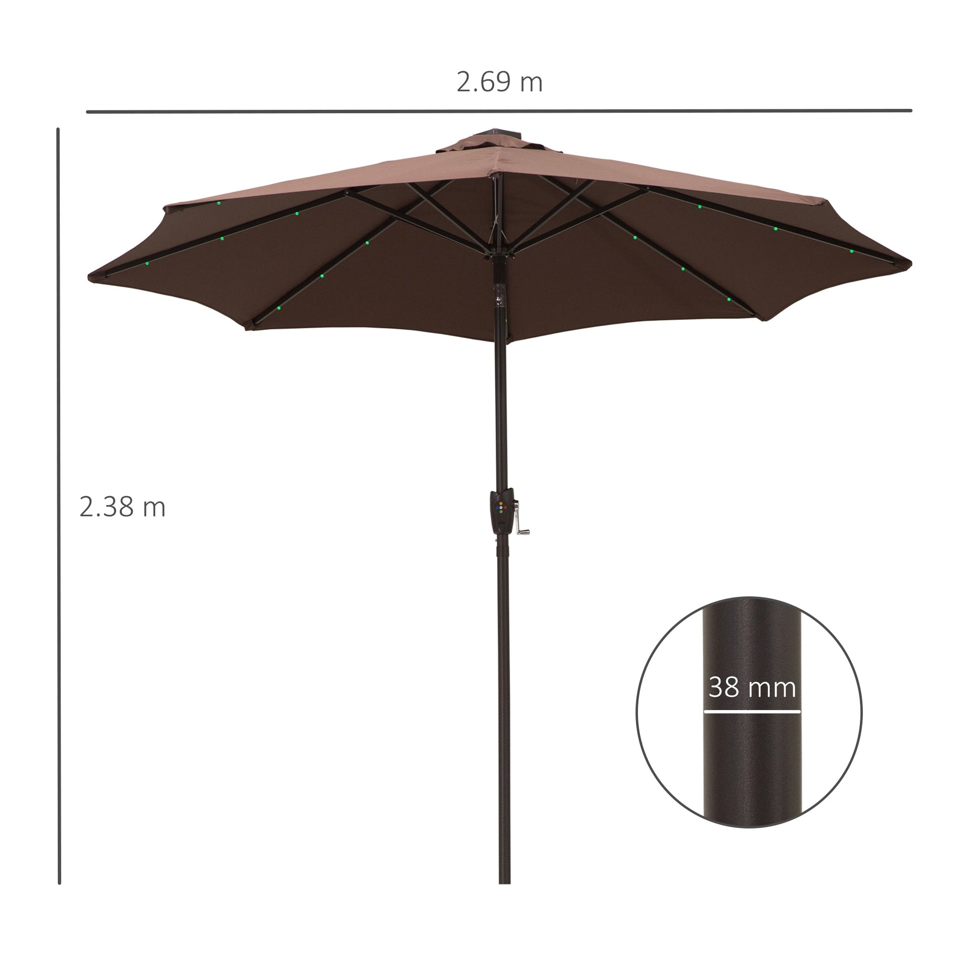 Height and length specifications for brown coffee solar LED umbrella parasol
