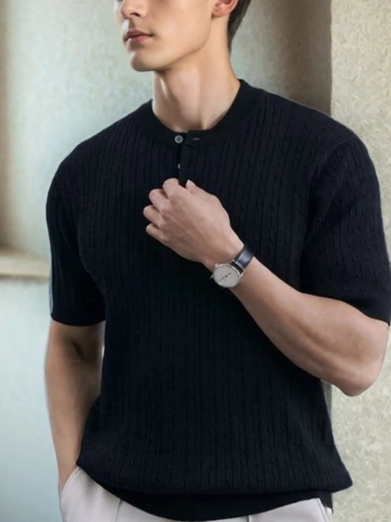 Men's button detail short sleeve top plus size - side view in black
