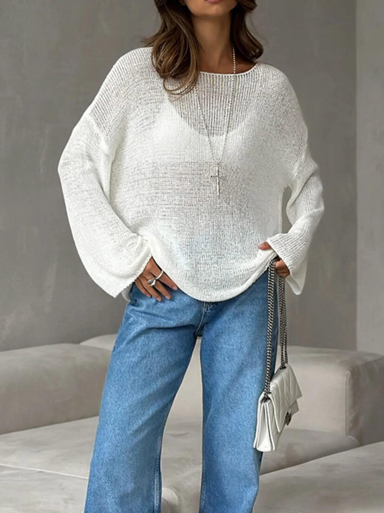 White boat neck knit cover up full front view on model
