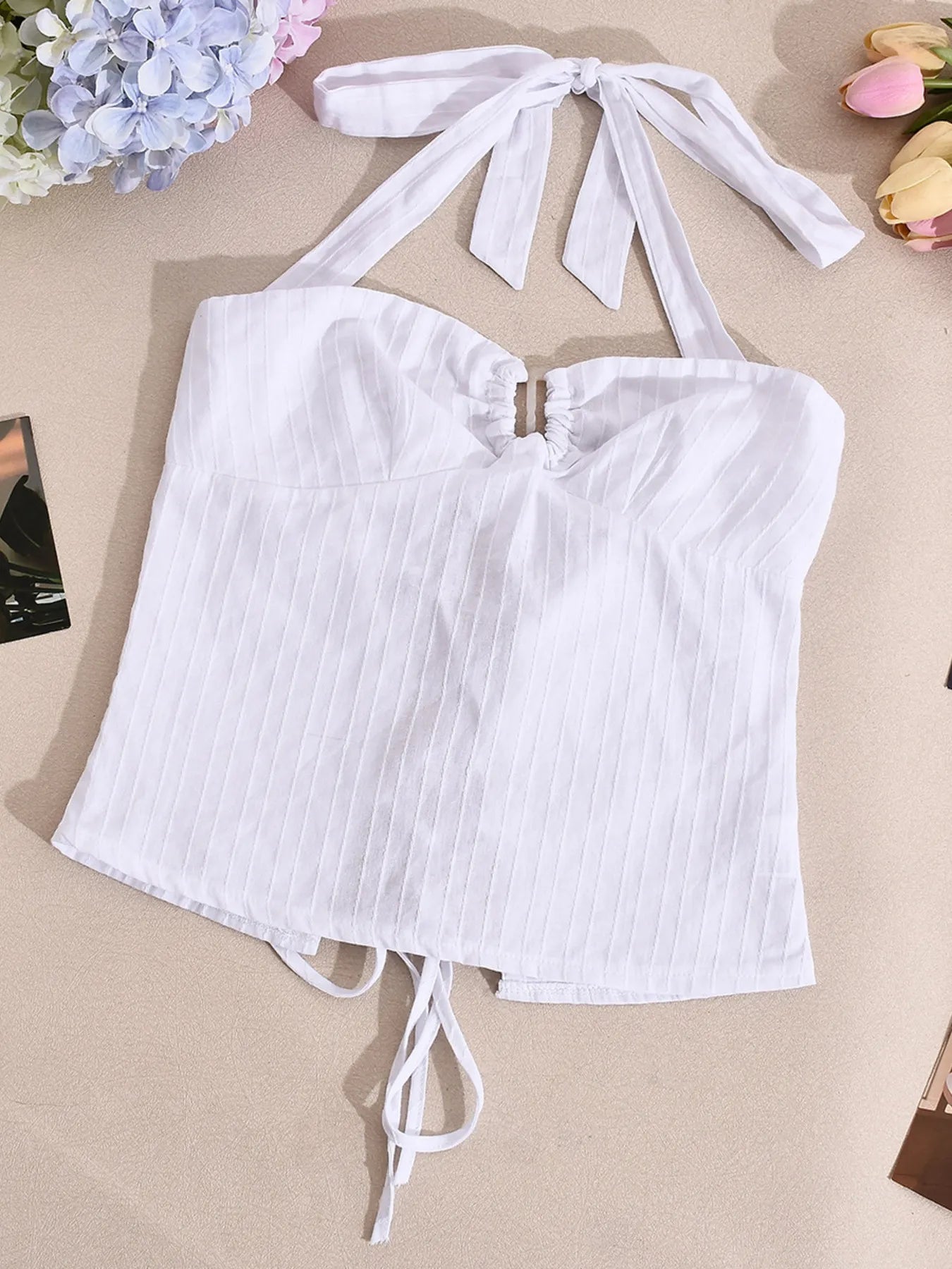 Halter neck cami top white detailed front view product shot
