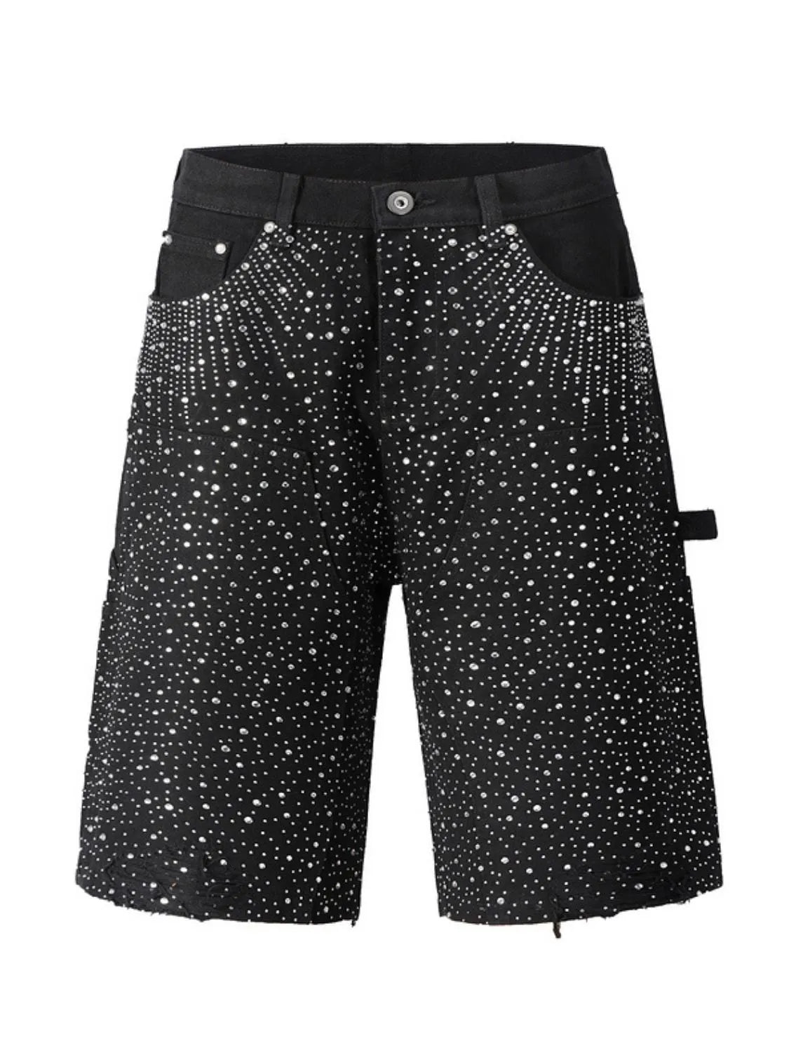 Men's black rhinestone shorts with pockets detailed front view flat lay
