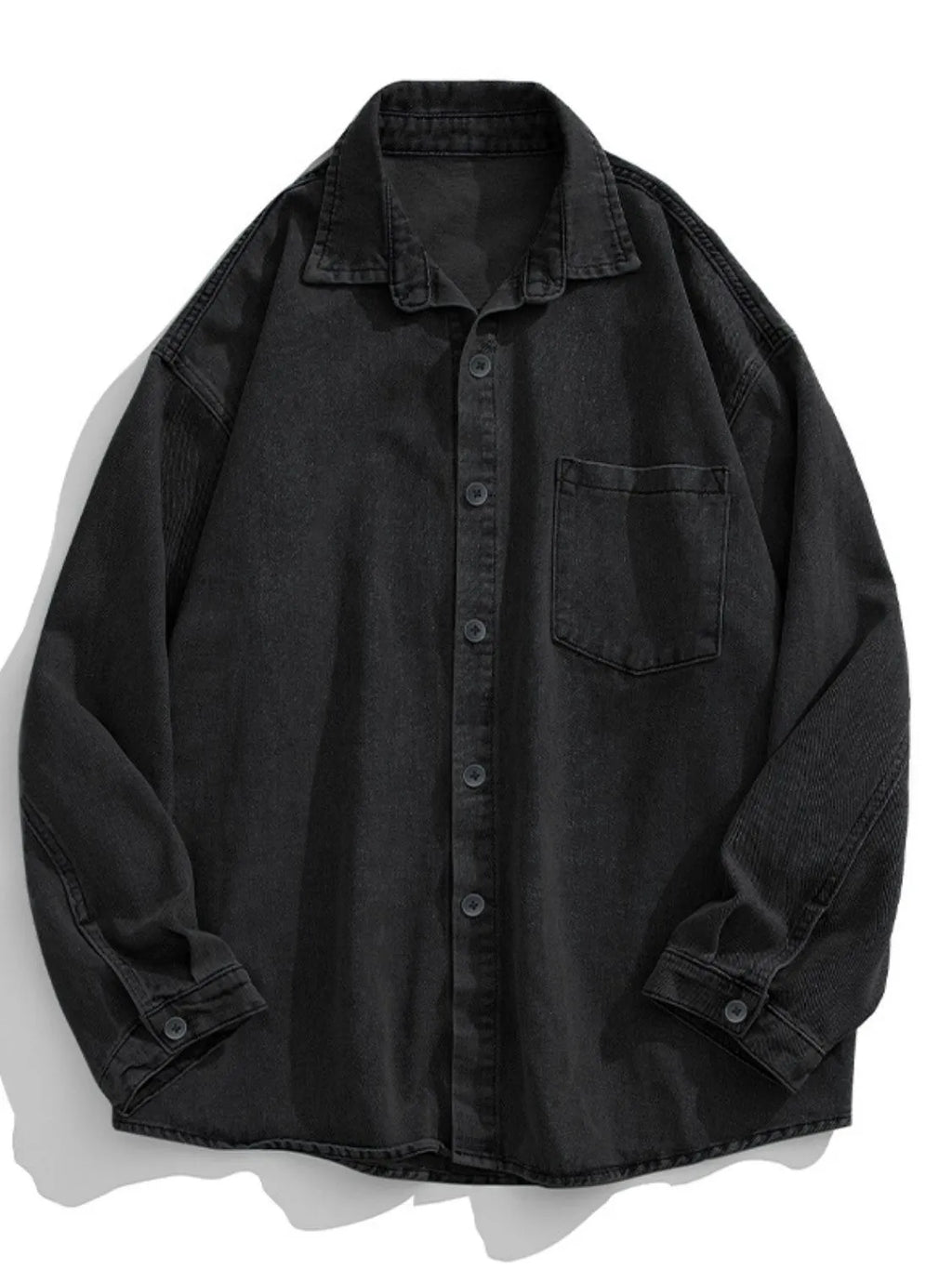 Men's plus size black denim long sleeve collared shirt front view flat lay
