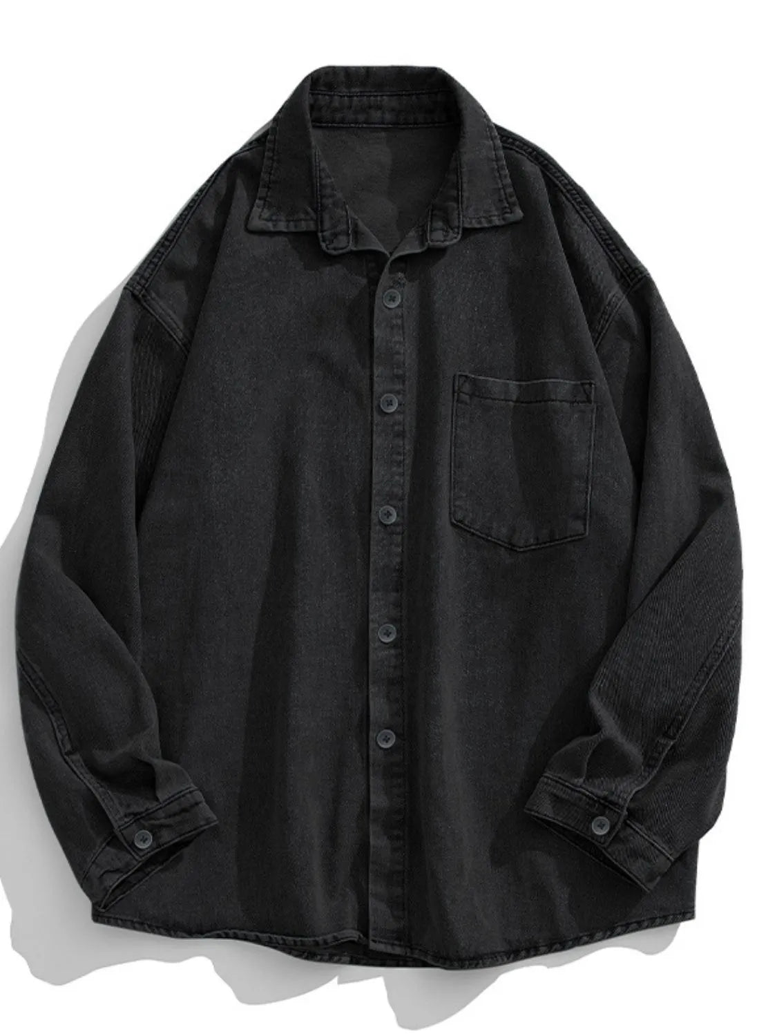 Men's plus size black denim long sleeve collared shirt front view flat lay
