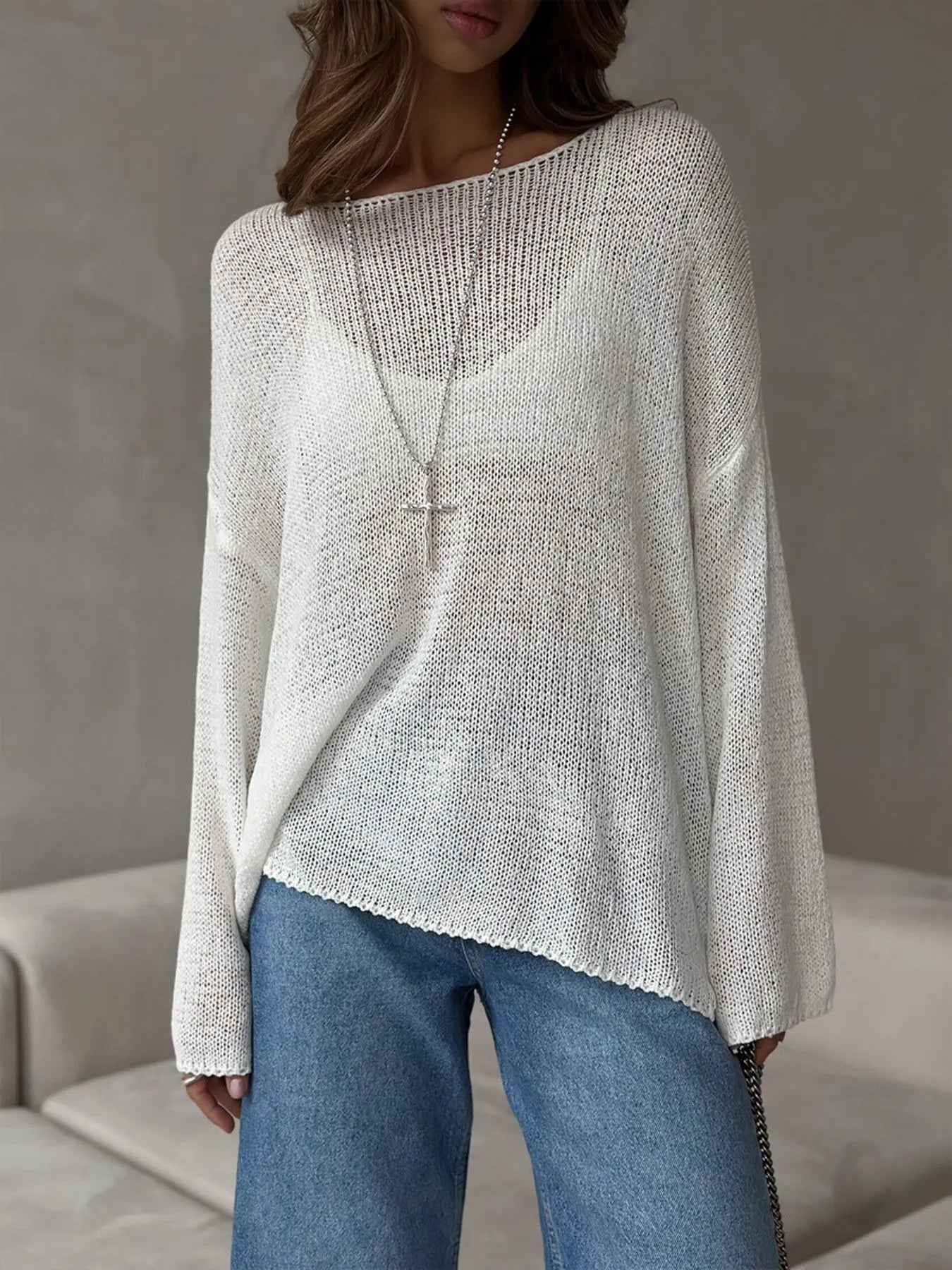 White boat neck knit cover up front view relaxed fit
