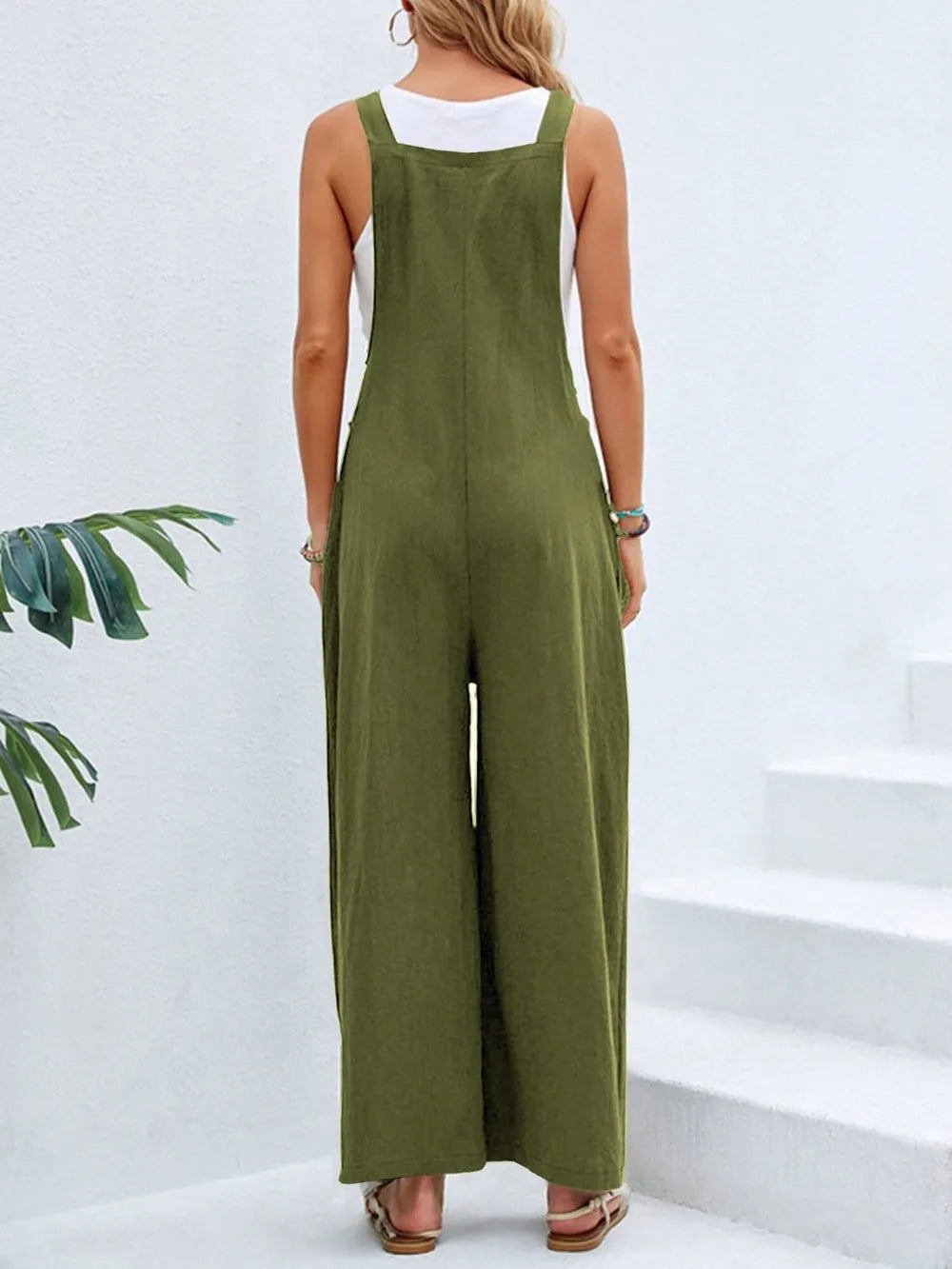 Moss green square neck wide strap overalls back view
