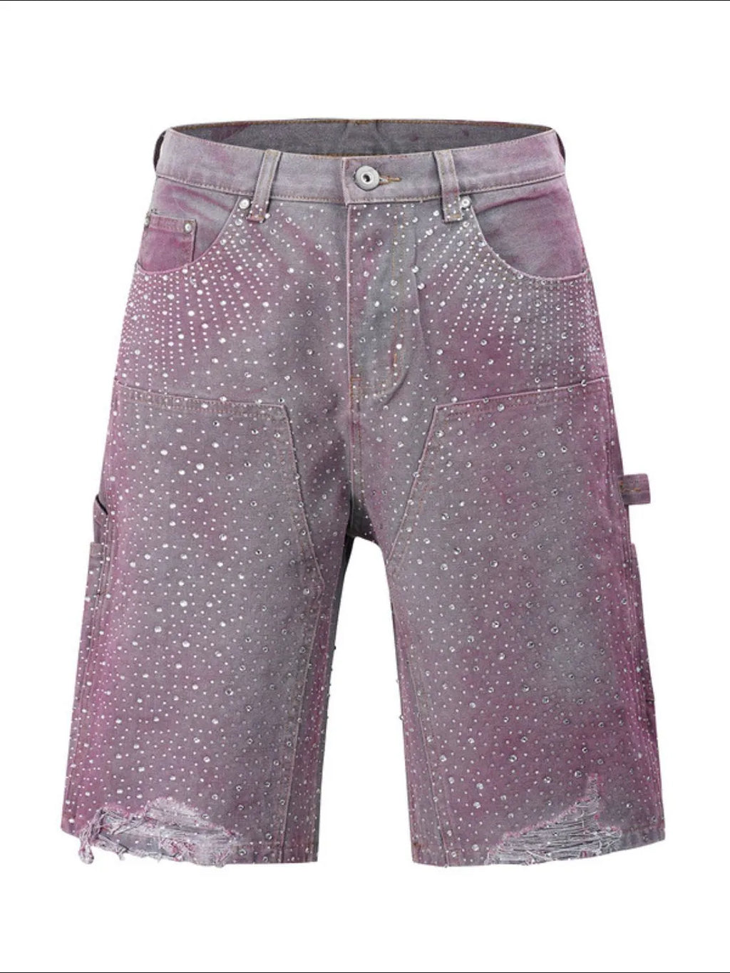 Close up front view of fuchsia pink men's rhinestone shorts with pockets flat lay
