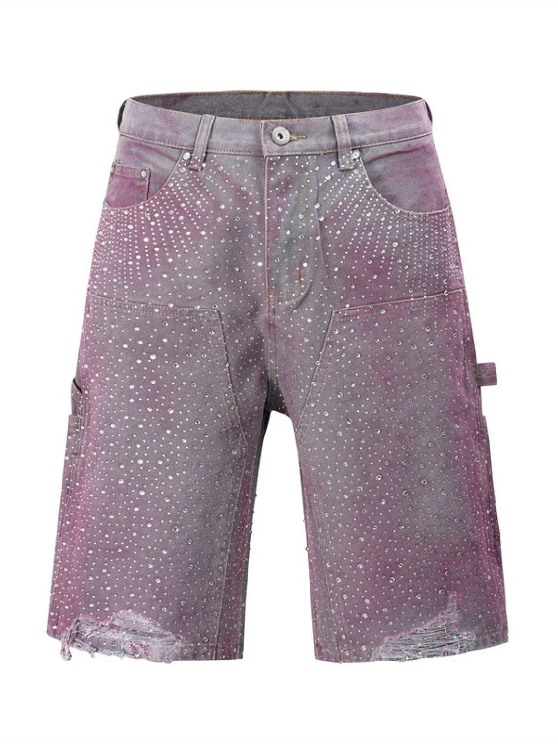 Close up front view of fuchsia pink men's rhinestone shorts with pockets flat lay
