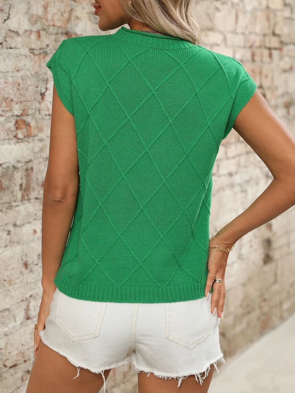 Green round neck cap sleeve knit top back view
