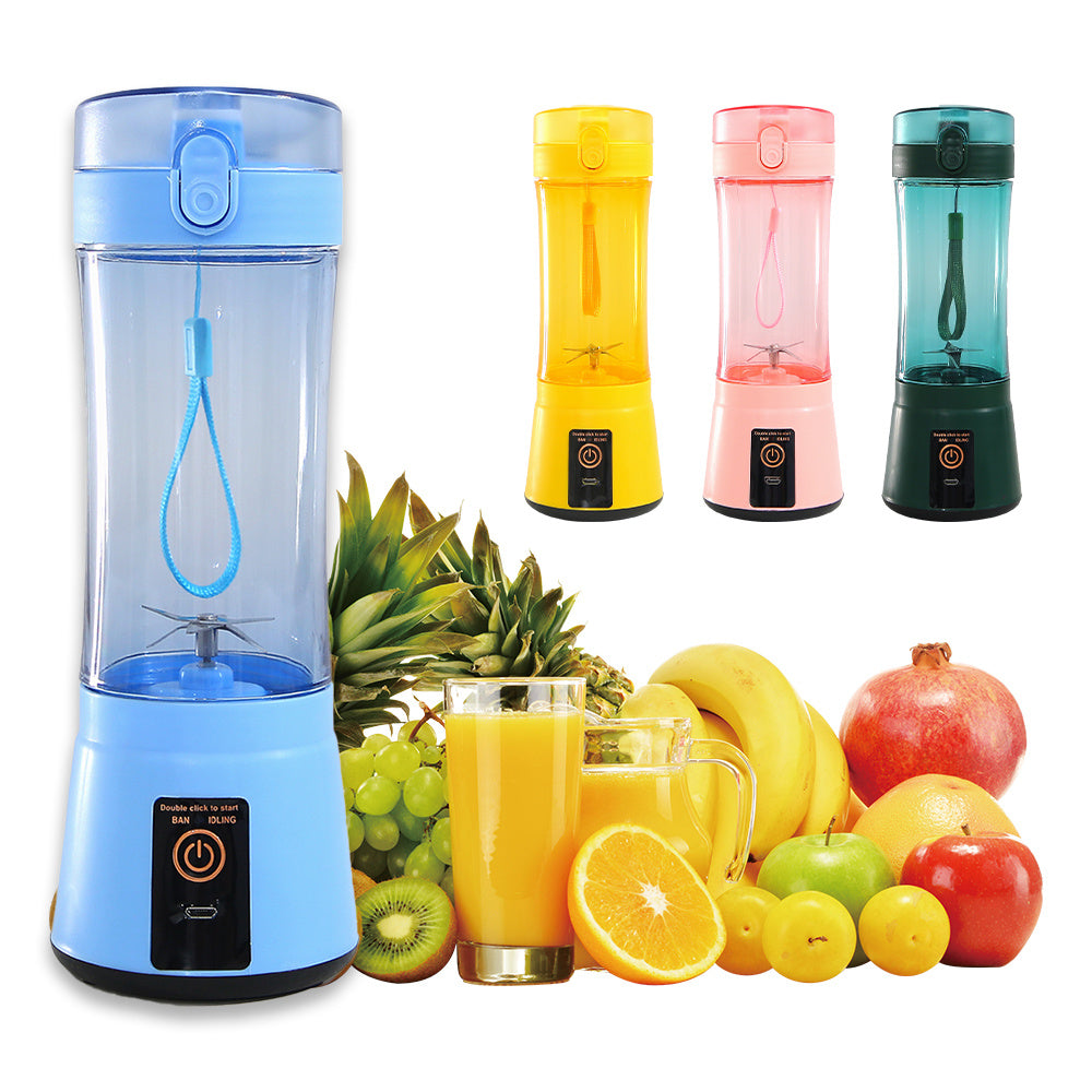 Portable juicer blender in blue, yellow, pink and green colors with fresh fruit background

