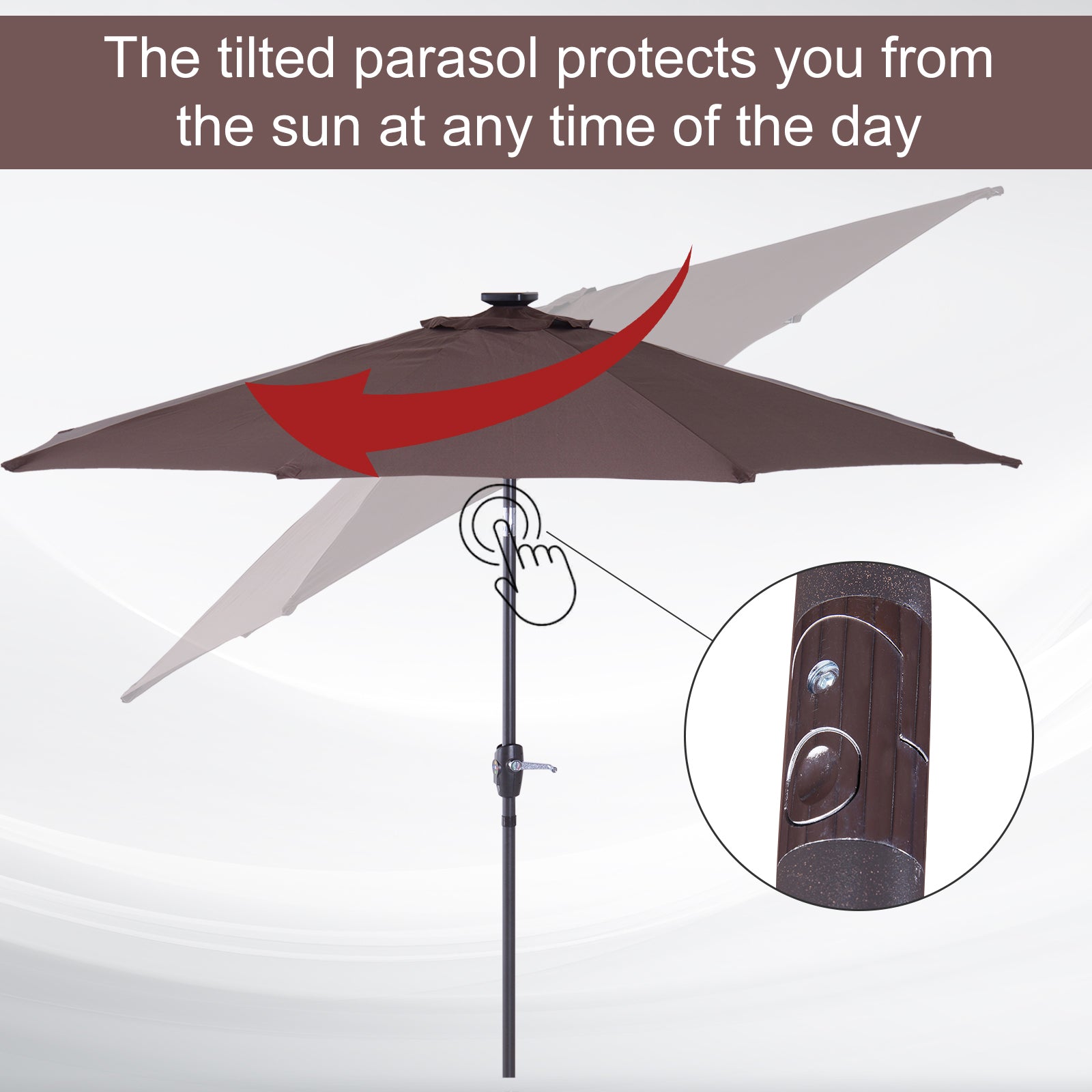 Product functionality guide for brown coffee solar LED umbrella parasol
