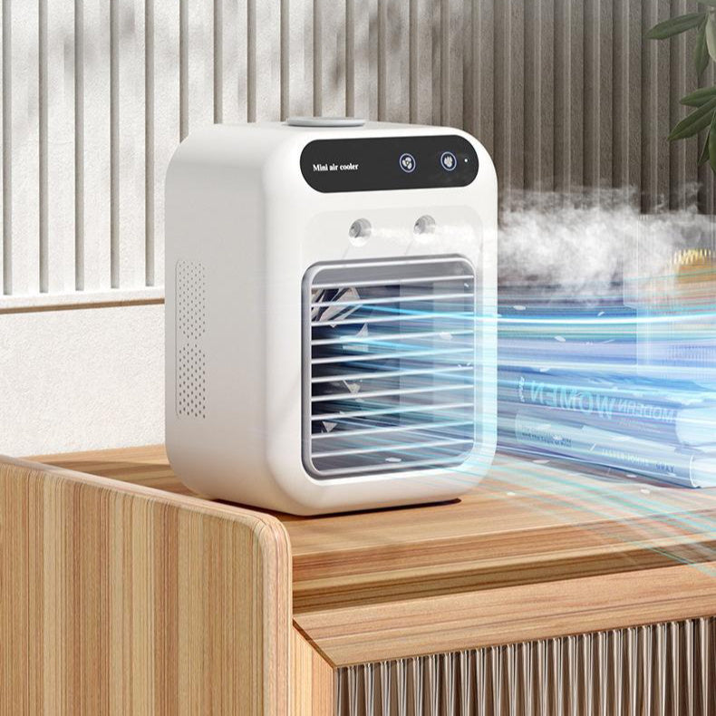 Portable air conditioner water cooling fan front and side view product display
