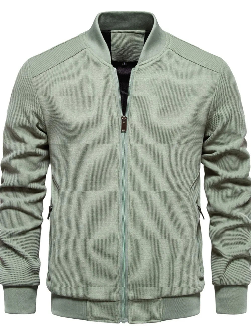 Men's waffle knit baseball collar zip jacket sage front view
