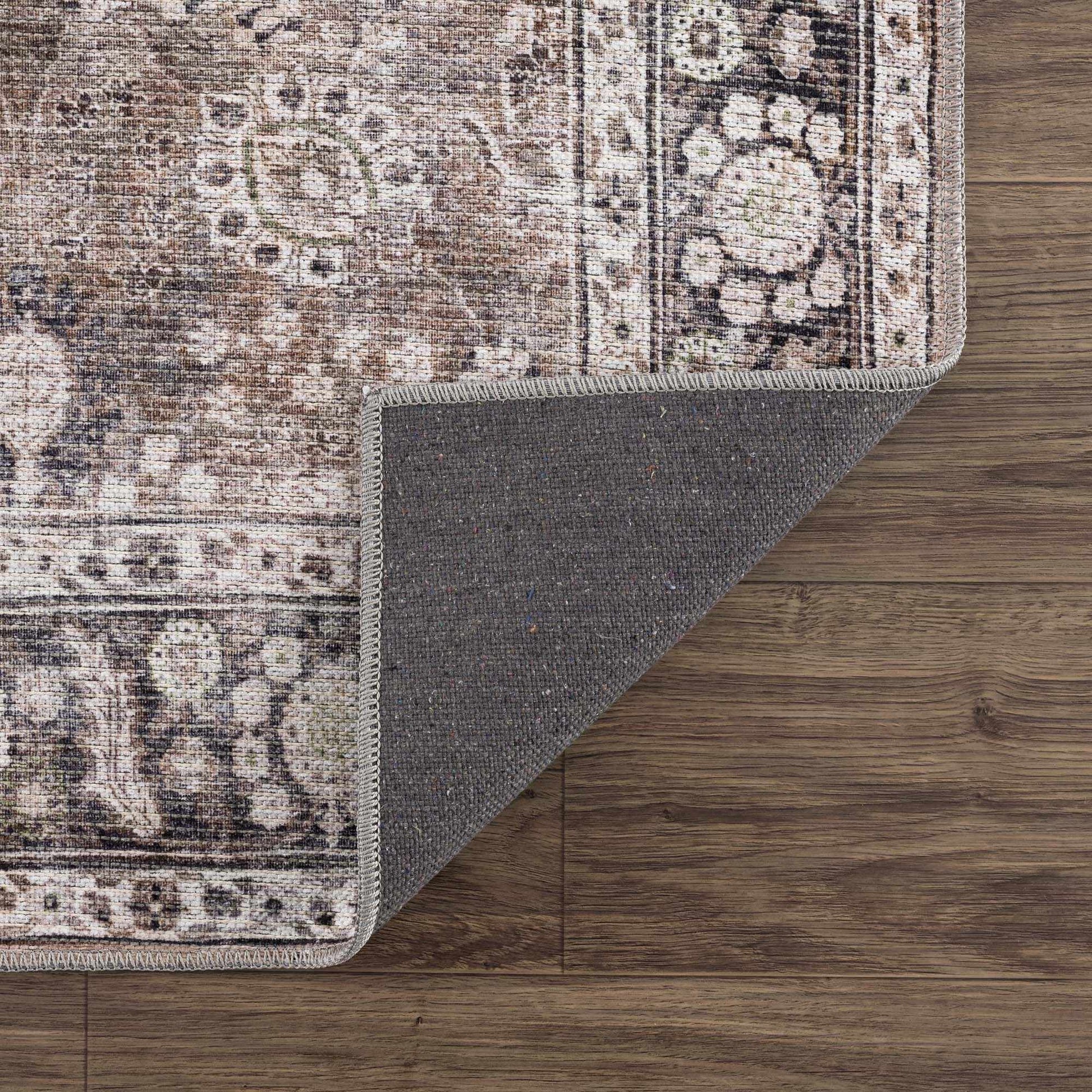 Close-up Ganyangan washable rug corner material and stitching detail view

