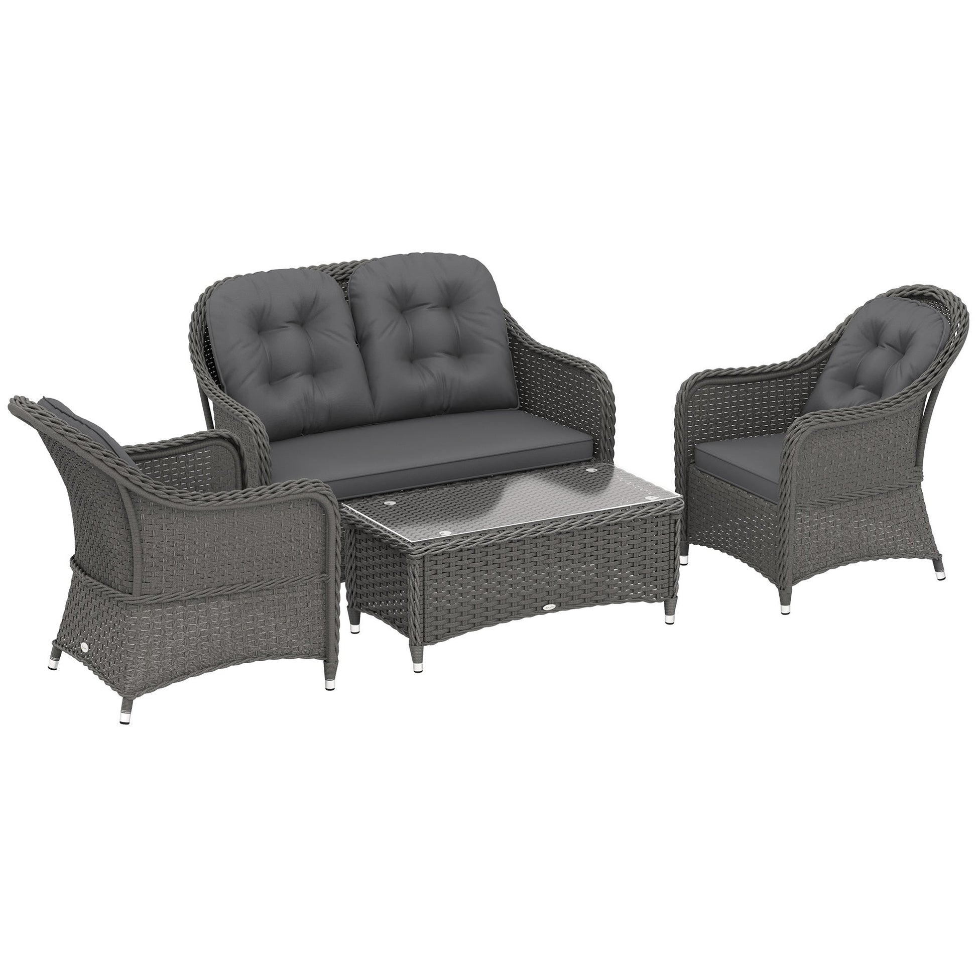 Light grey four-piece rattan sofa set with glass-top table full product view

