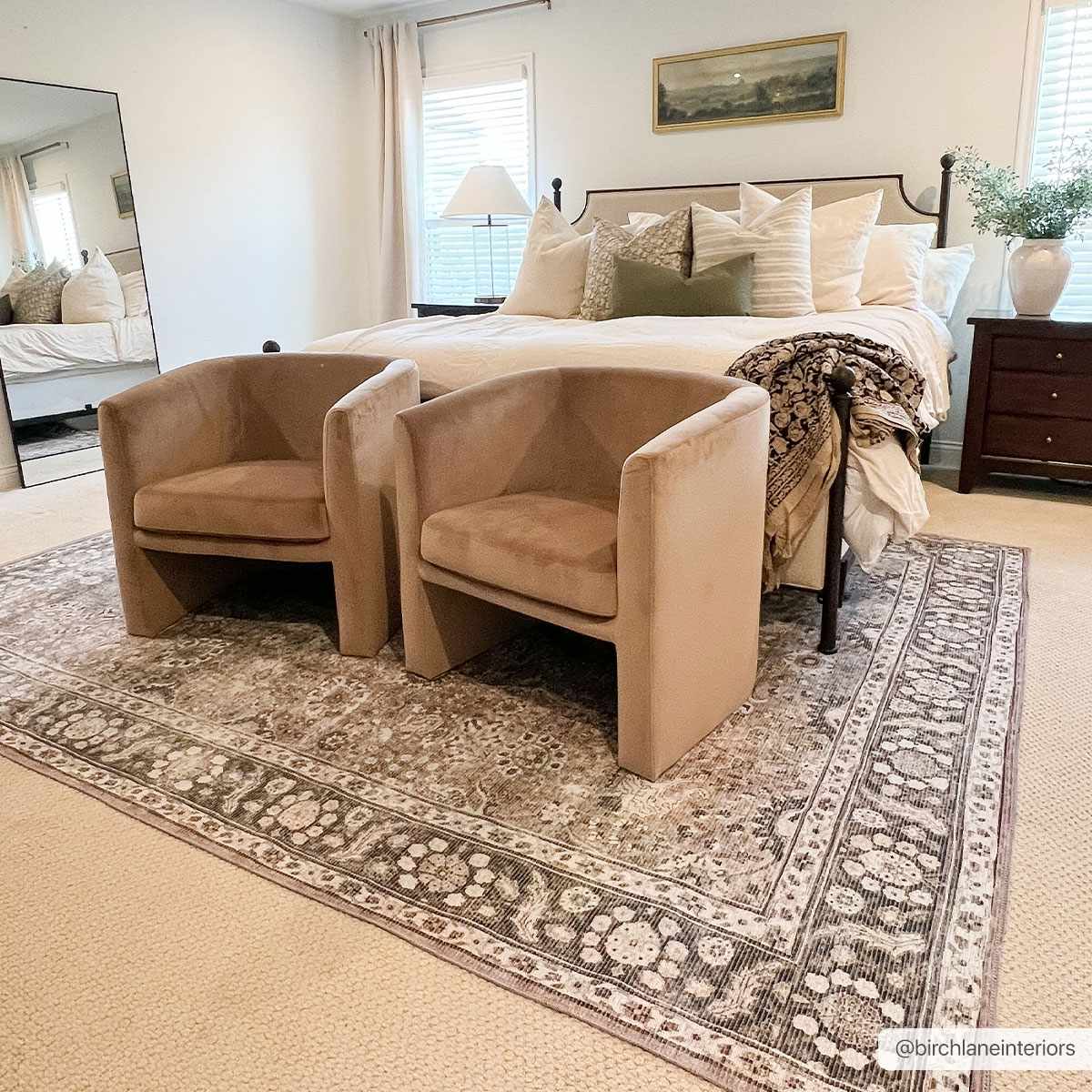 Large Ganyangan washable rug presented under bed bedroom decor
