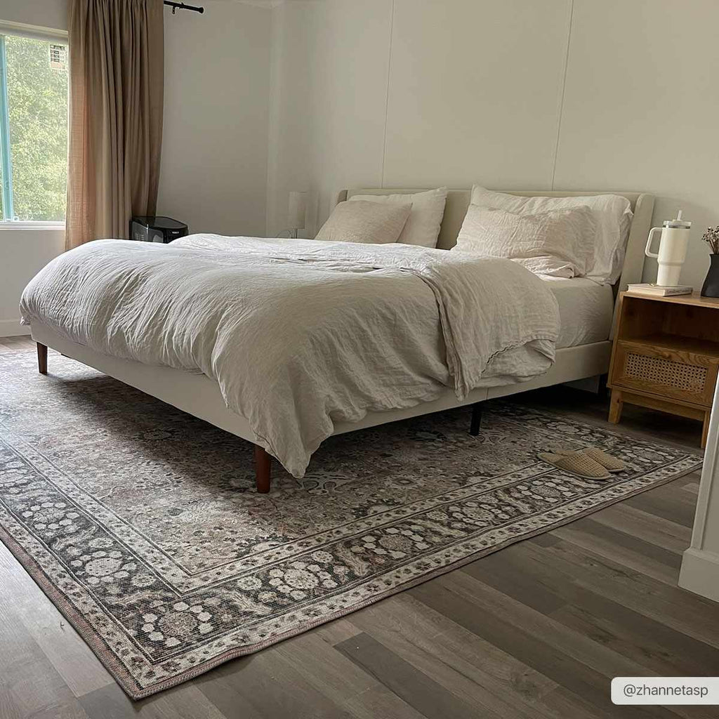 Ganyangan washable rug displayed under bed bedroom decor
