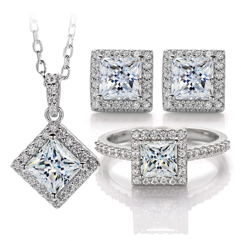 925 sterling silver women's square moissanite jewellery set princess cut
