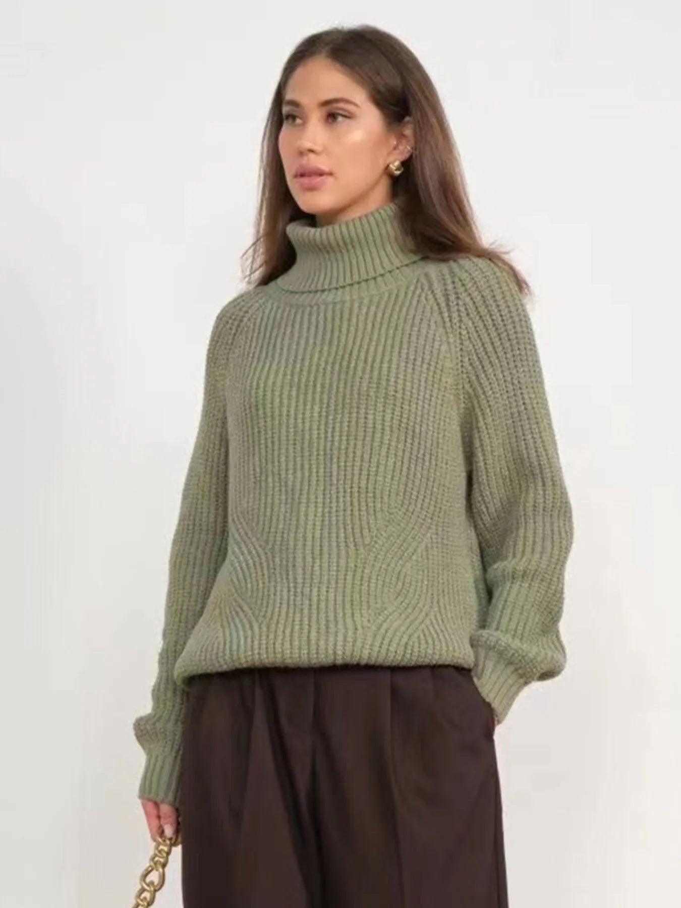 Green oversized turtleneck long sleeve sweater front and side view on model
