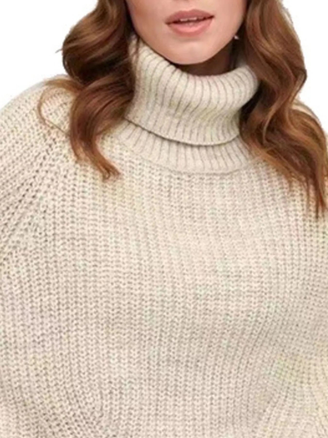 Beige oversized turtleneck long sleeve sweater collar close-up on model