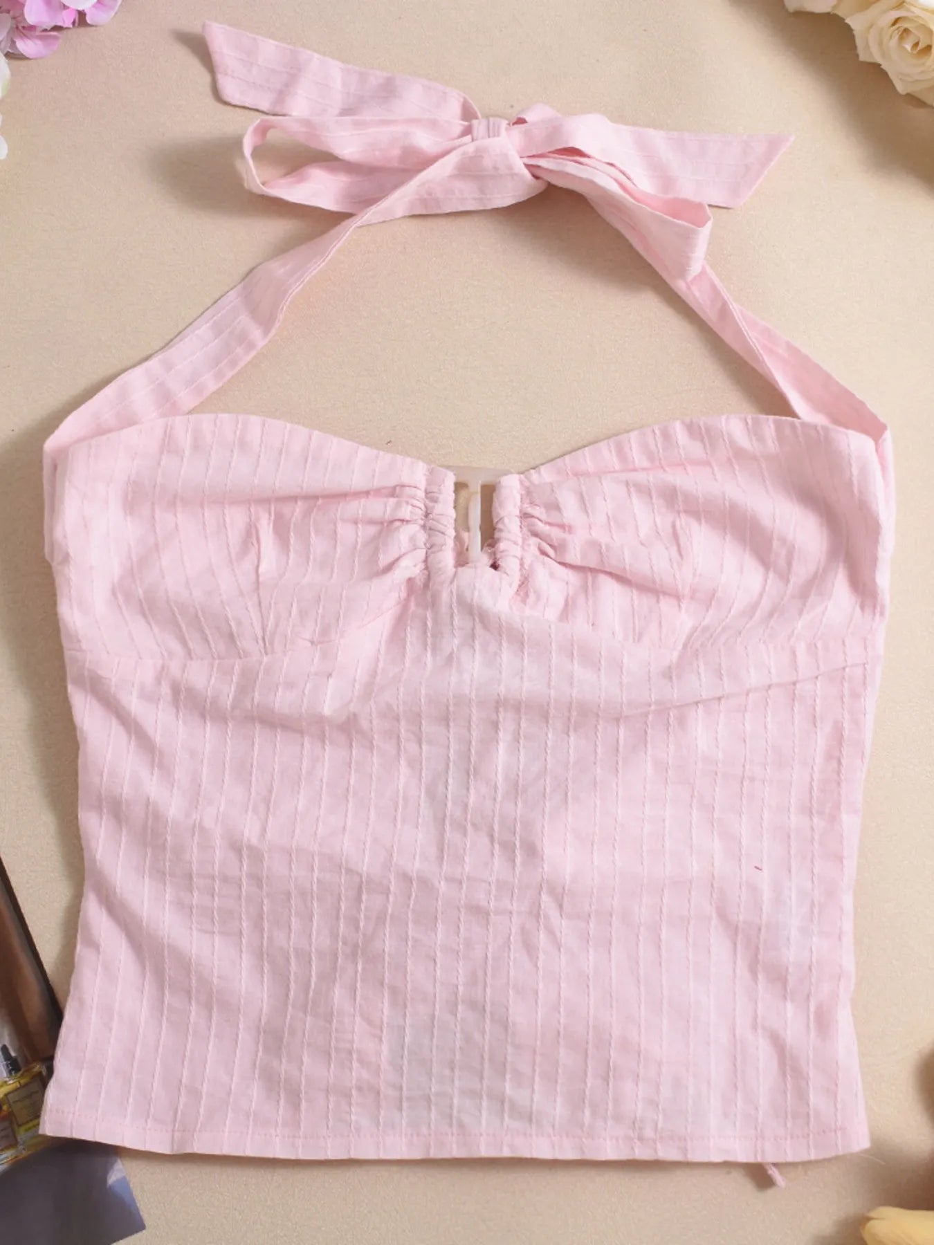 Halter neck cami top blush pink detailed front view product shot
