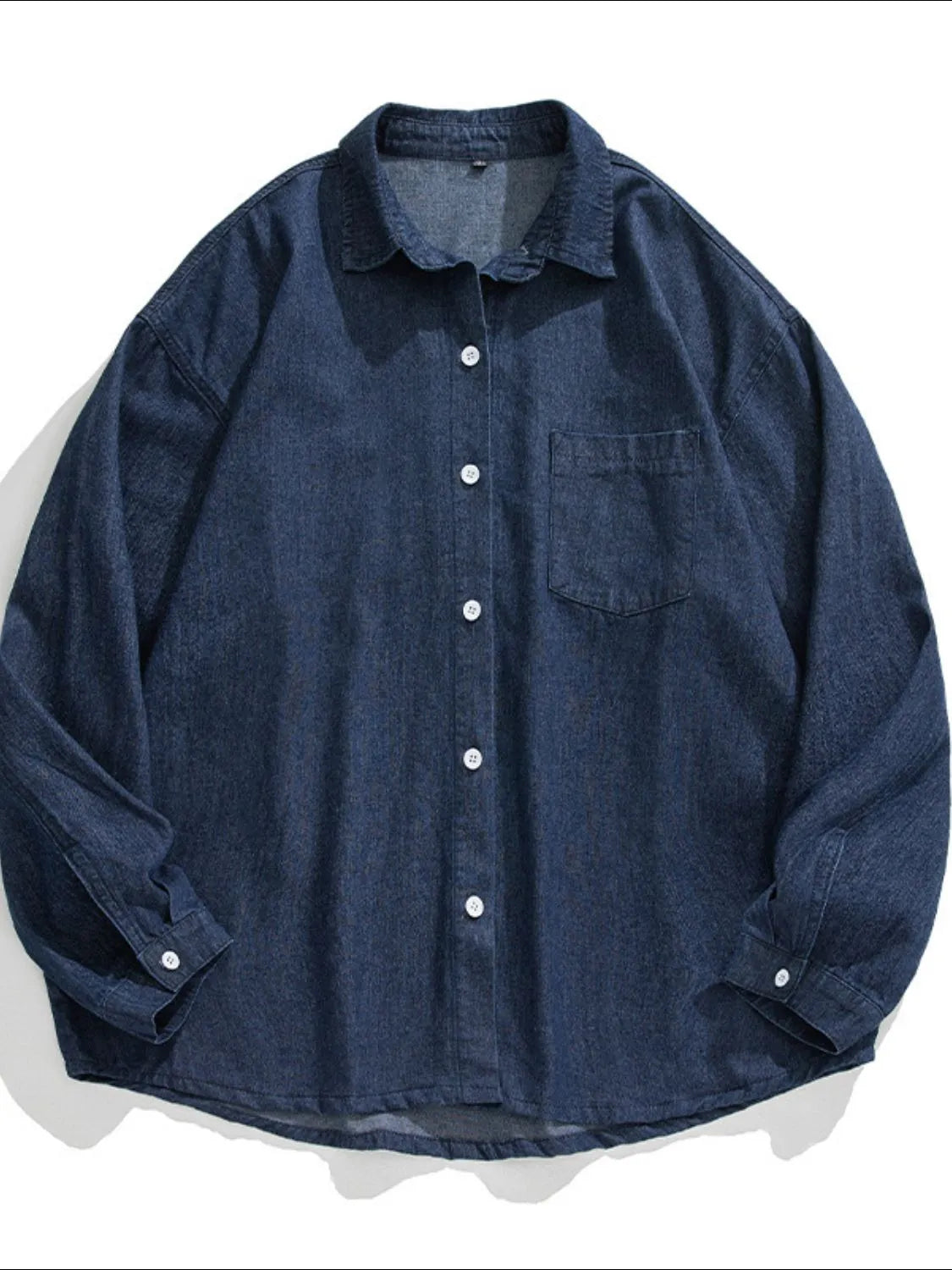 Men's plus size navy blue denim long sleeve collared shirt front view flat lay
