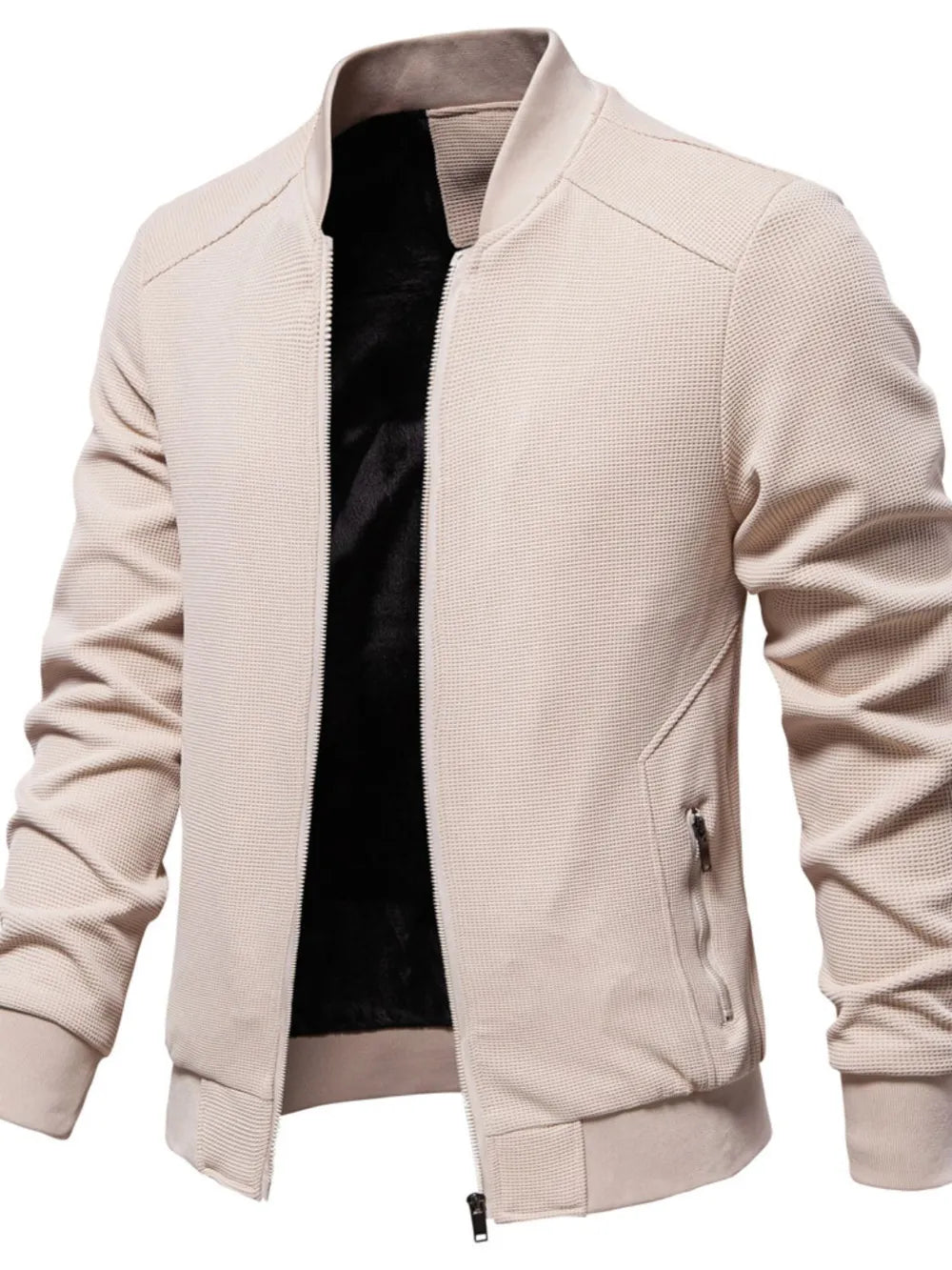 Men's waffle knit baseball collar zip jacket dust storm front side view fully zipped
