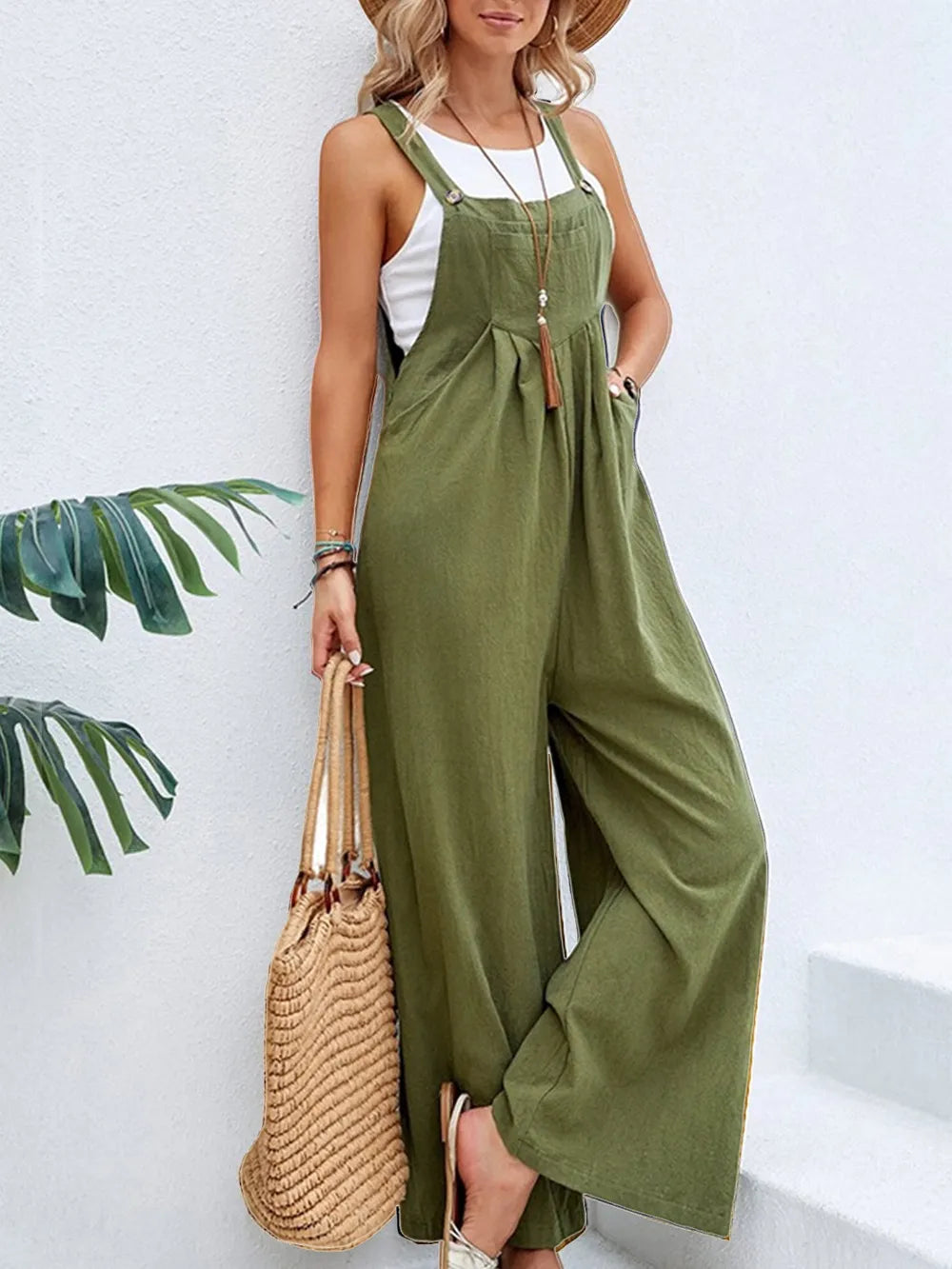 Moss green square neck wide strap overalls front view
