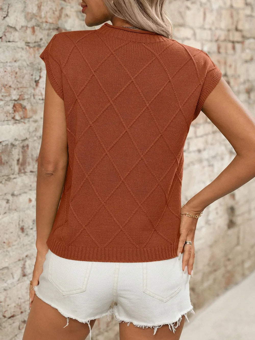 Caramel round neck cap sleeve knit top back view
