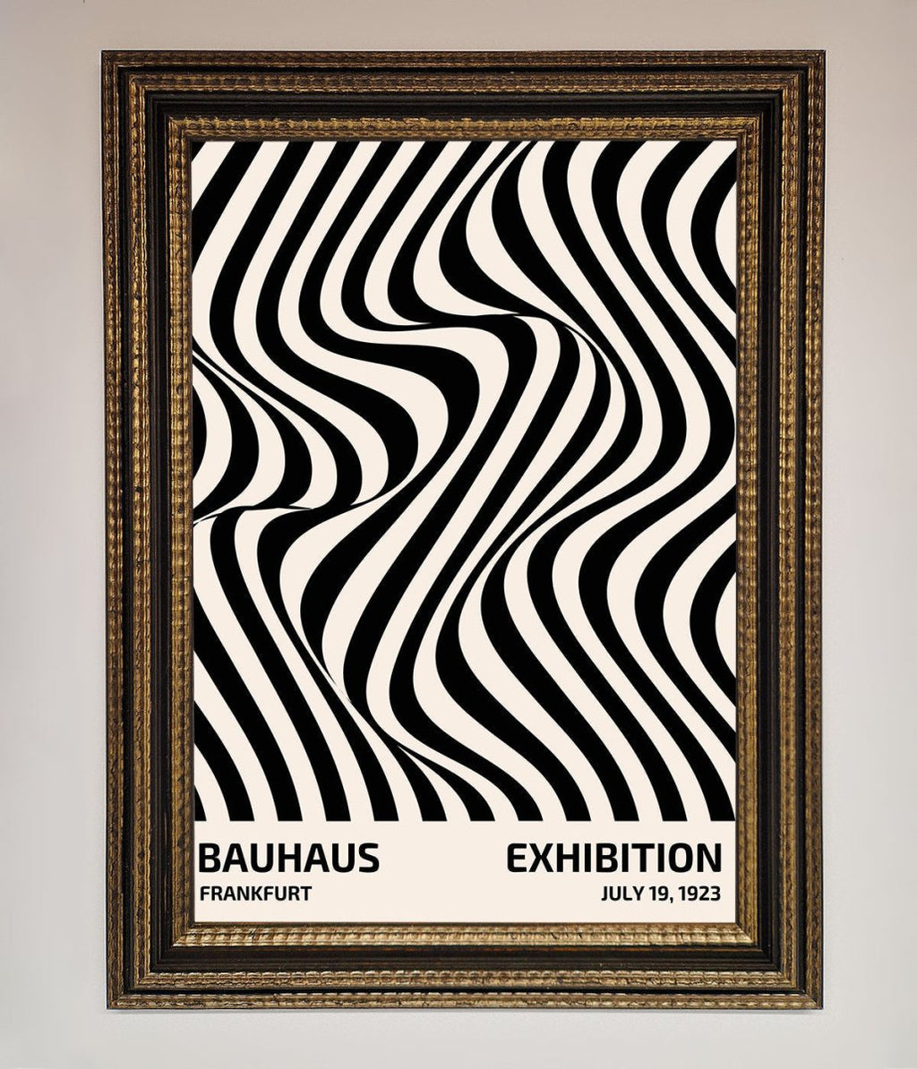 Bauhaus wavy black lines framed poster engineered wood frame ornate gold

