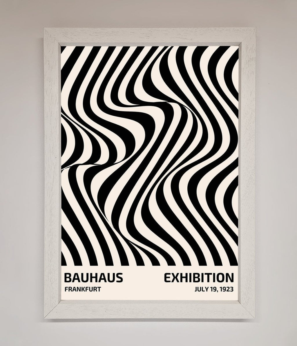 Bauhaus wavy black lines framed poster solid wood frame white
