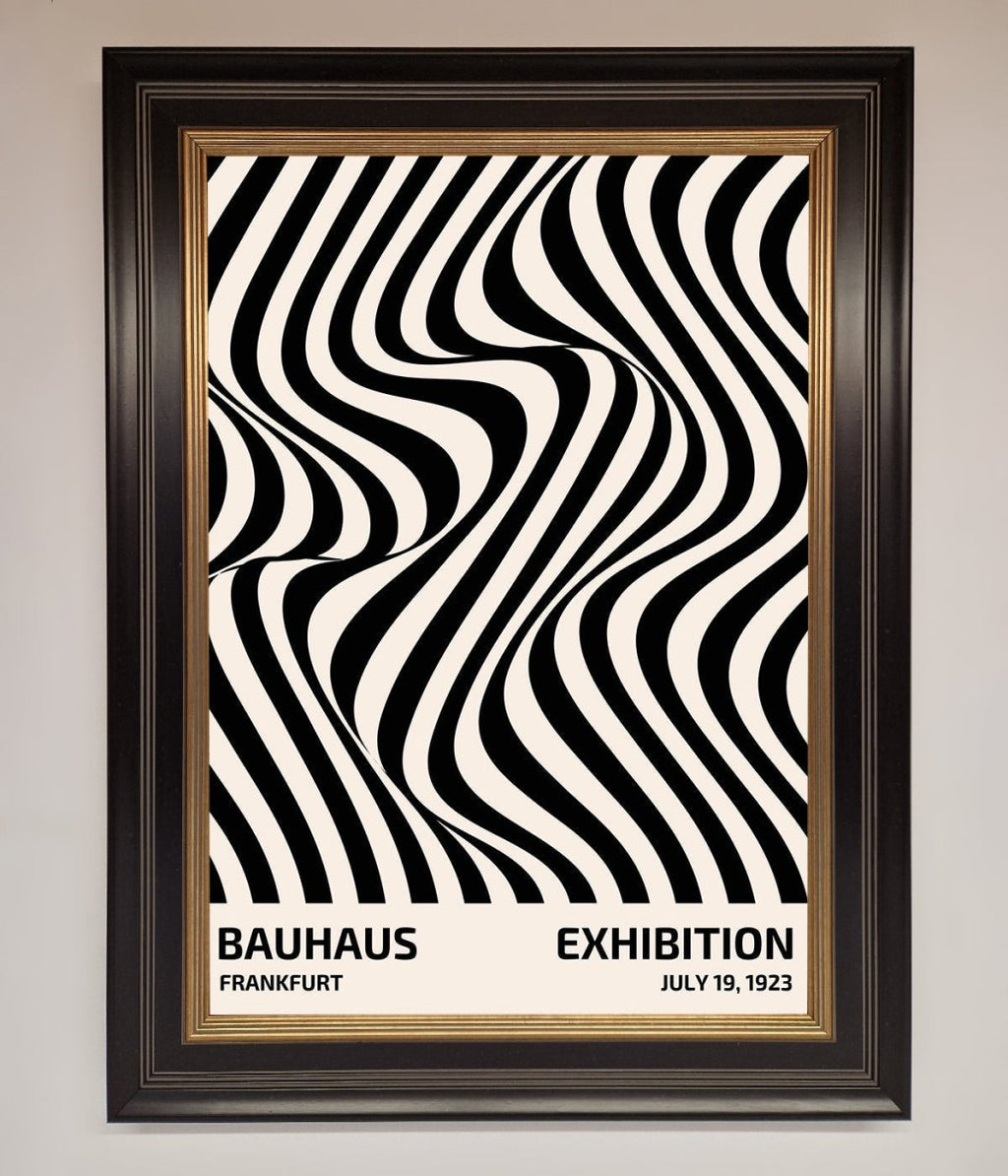 Bauhaus wavy black lines framed poster constructed wood frame ornate gold black
