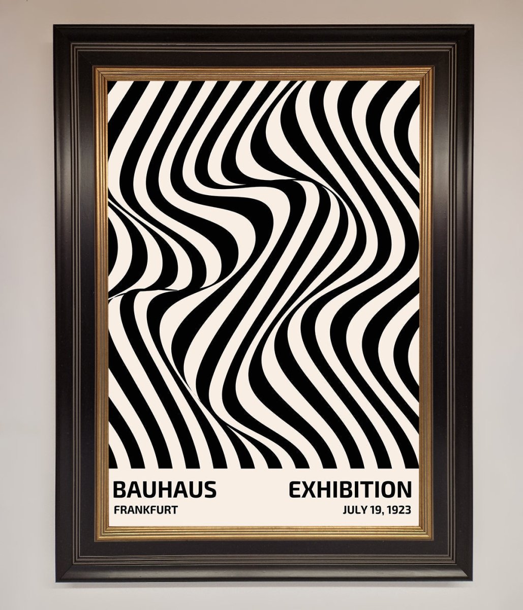 Bauhaus wavy black lines framed poster constructed wood frame ornate gold black
