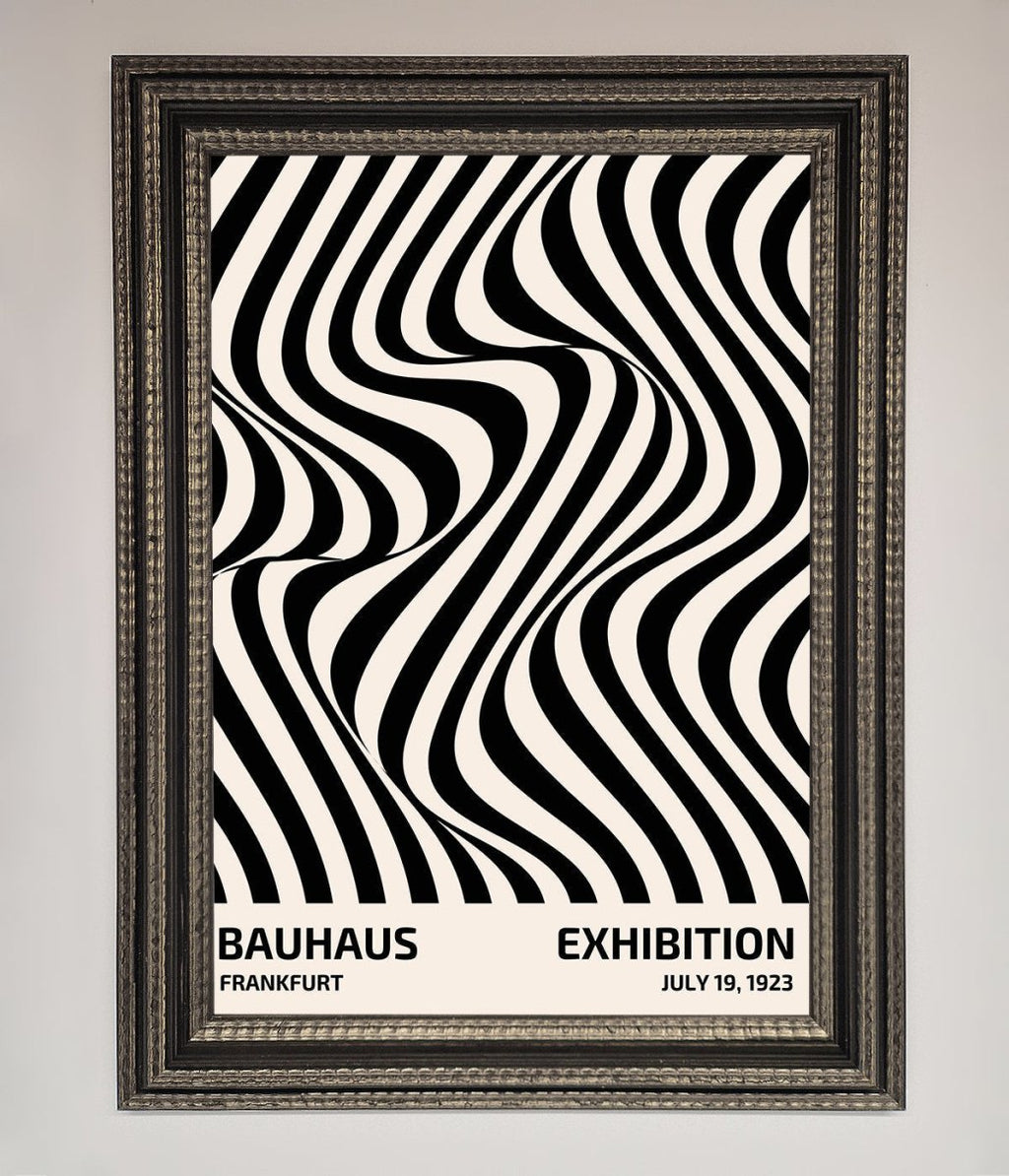 Bauhaus wavy black lines framed poster constructed wood frame ornate gold black
