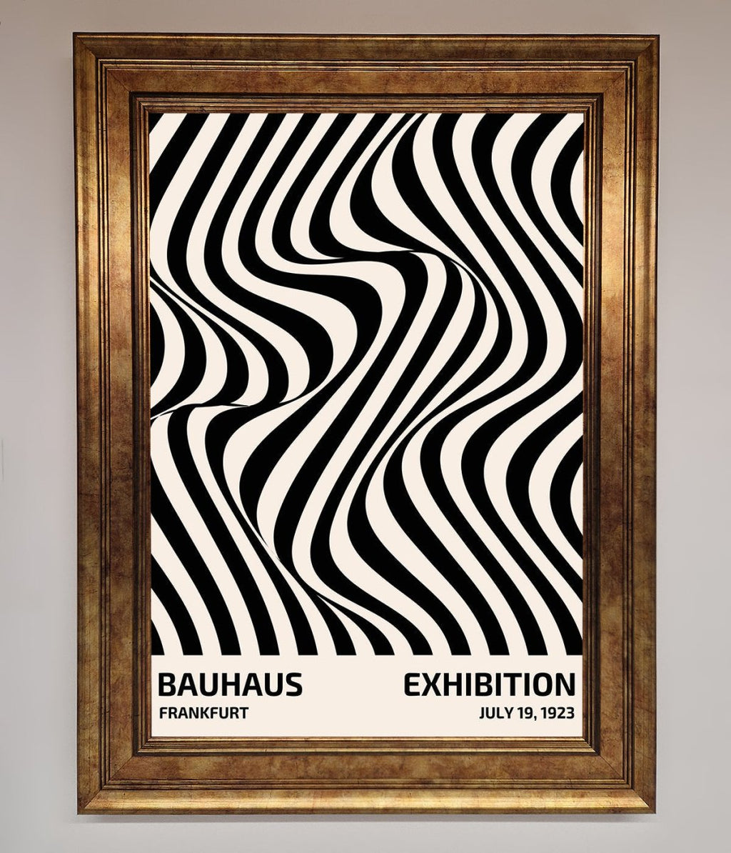 Bauhaus wavy black lines framed poster constructed wood frame ornate gold
