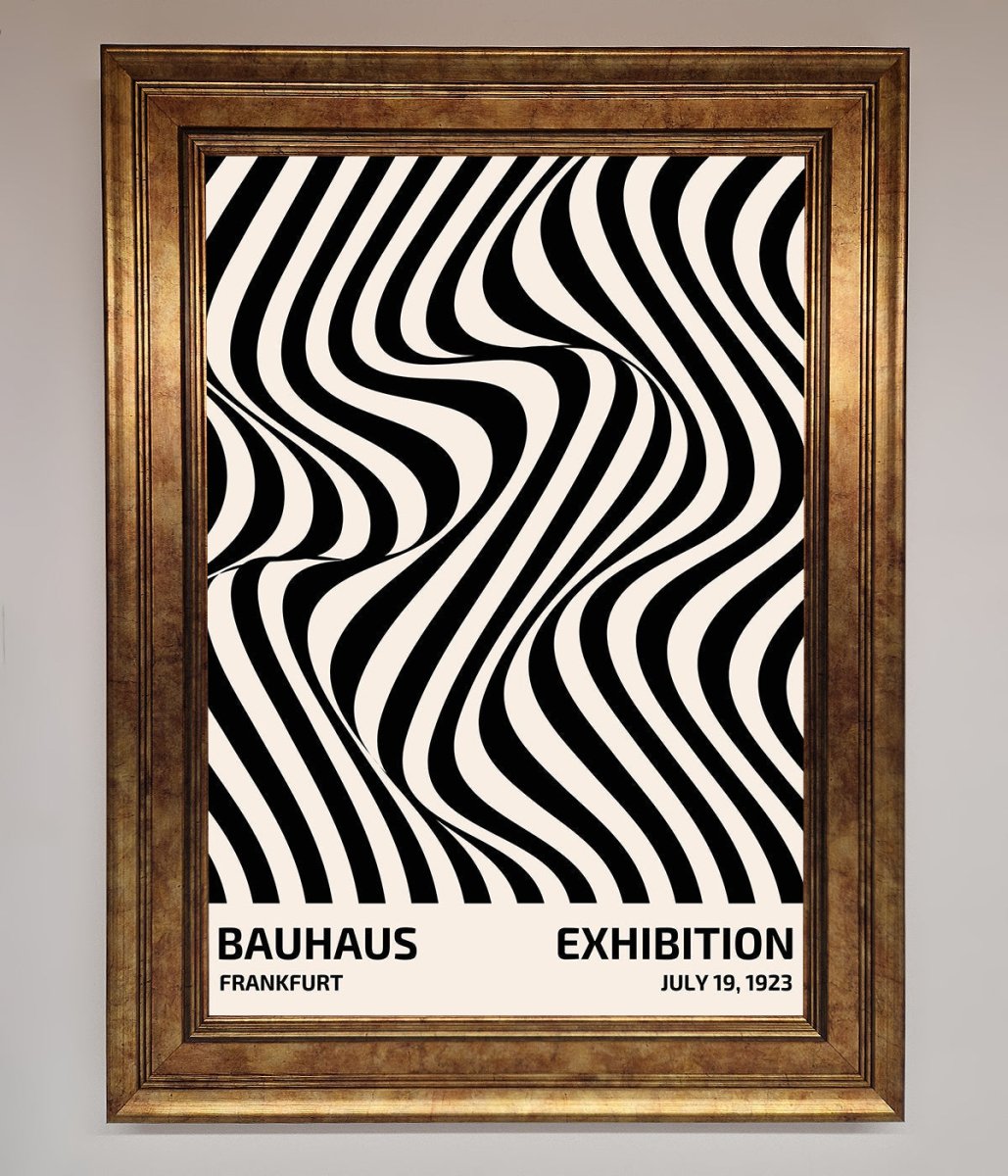 Bauhaus wavy black lines framed poster constructed wood frame ornate gold
