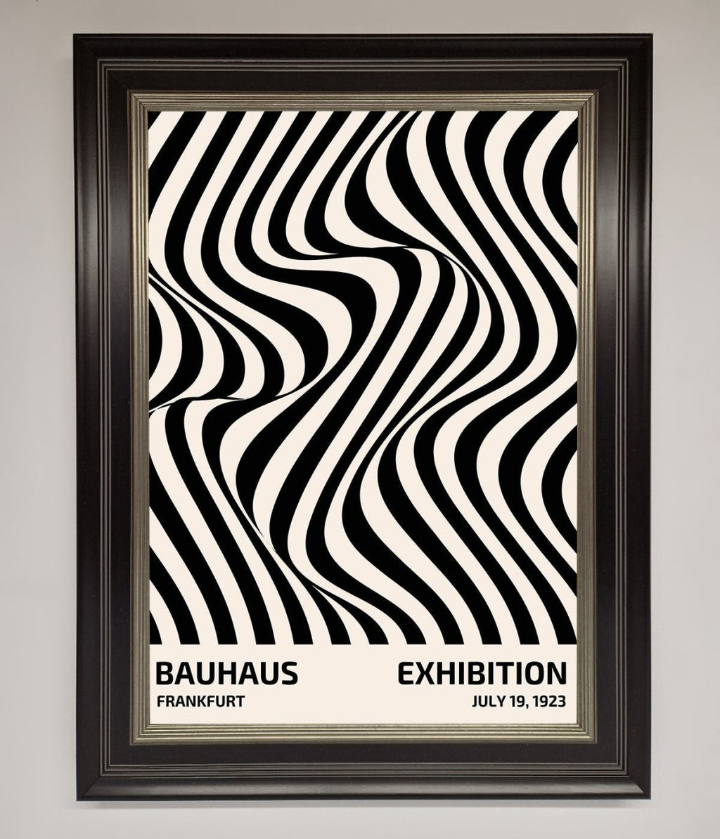 Bauhaus wavy black lines framed poster constructed wood frame ornate silver black
