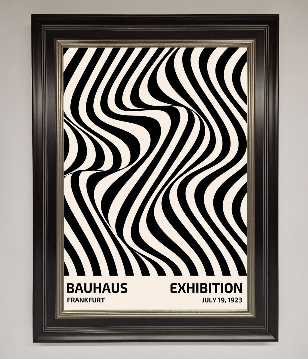 Bauhaus wavy black lines framed poster constructed wood frame ornate silver black
