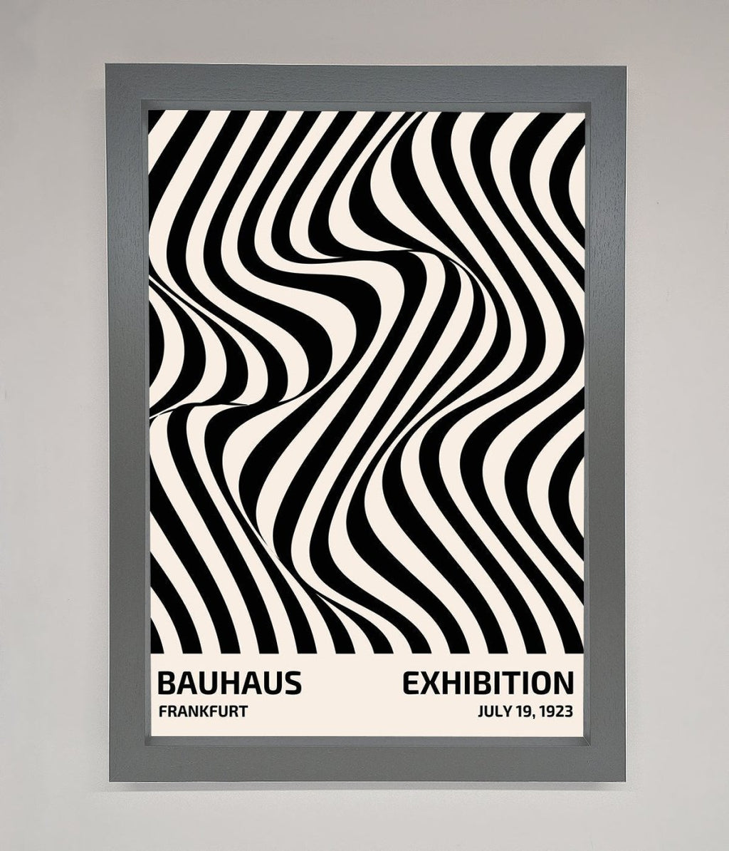 Bauhaus wavy black lines framed poster solid wood frame grey
