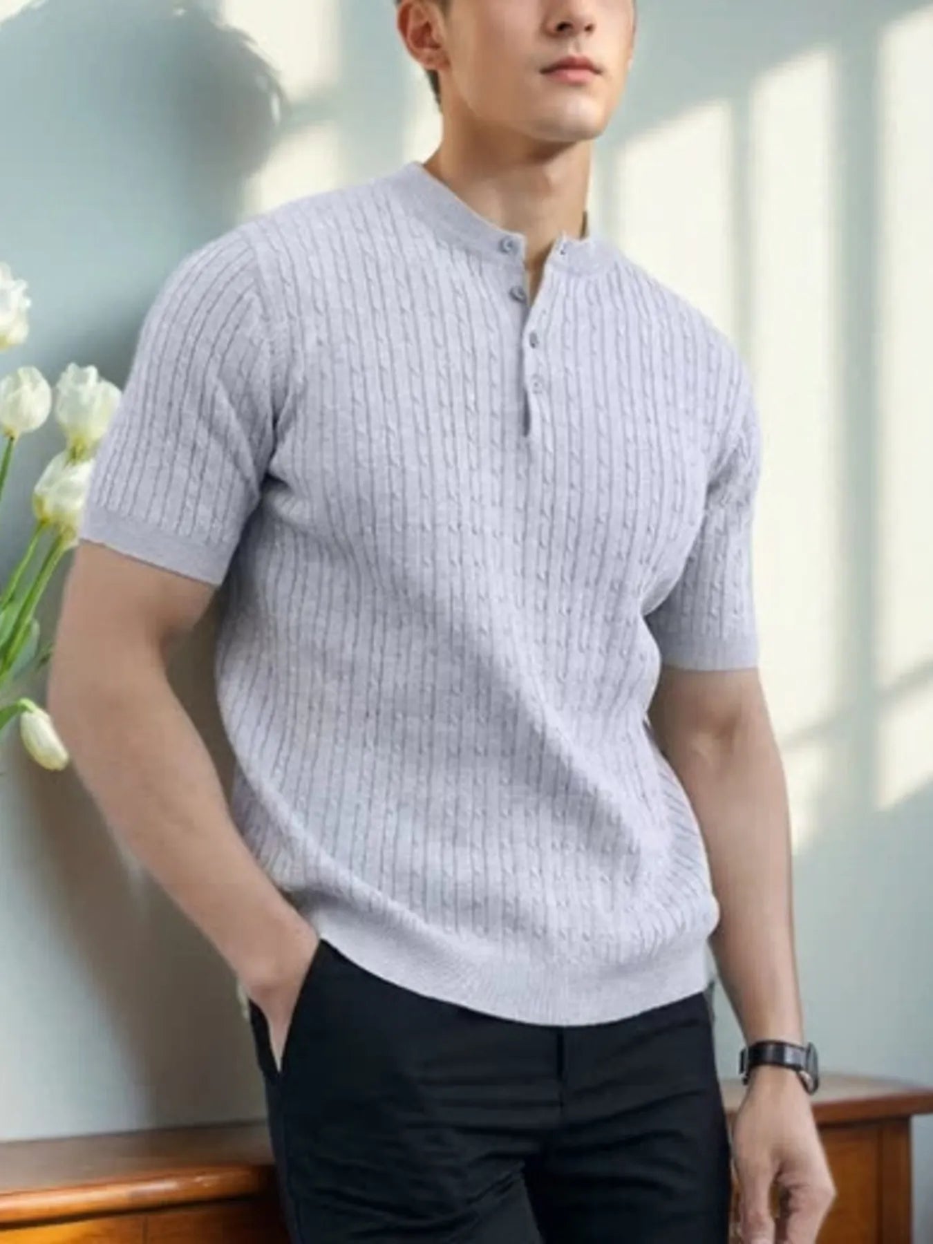 Men's button detail short sleeve top plus size - front and side view in grey 

