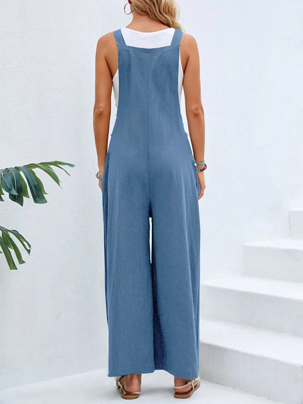 Light blue square neck wide strap overalls back view
