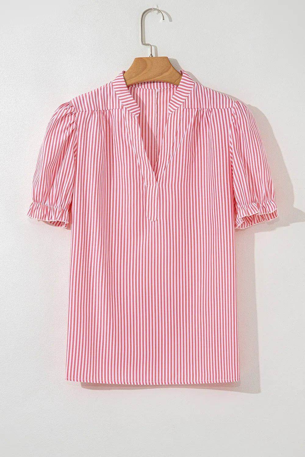 Stripe notched neck frilled blouse front view flat lay
