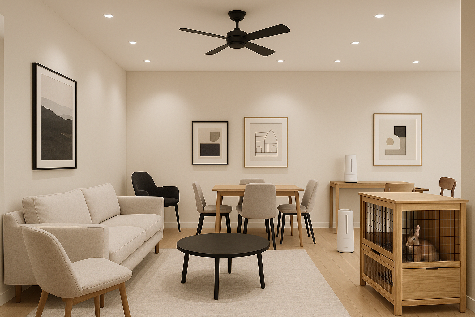 Chairs, sofas , tables, pictures, fans, humidifiers and rabbit cages 