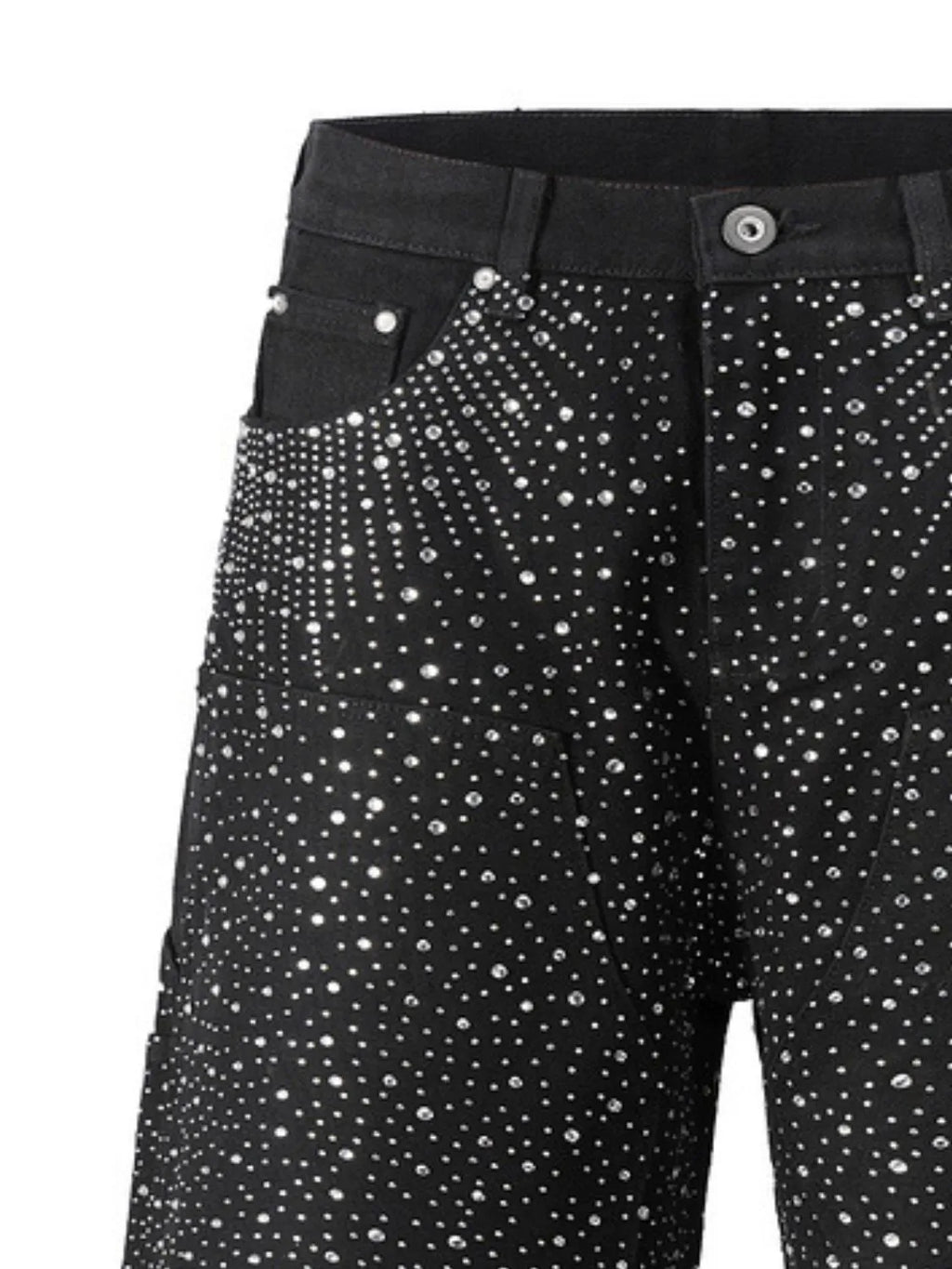 Close up detail of black men's rhinestone shorts showing pockets front view
