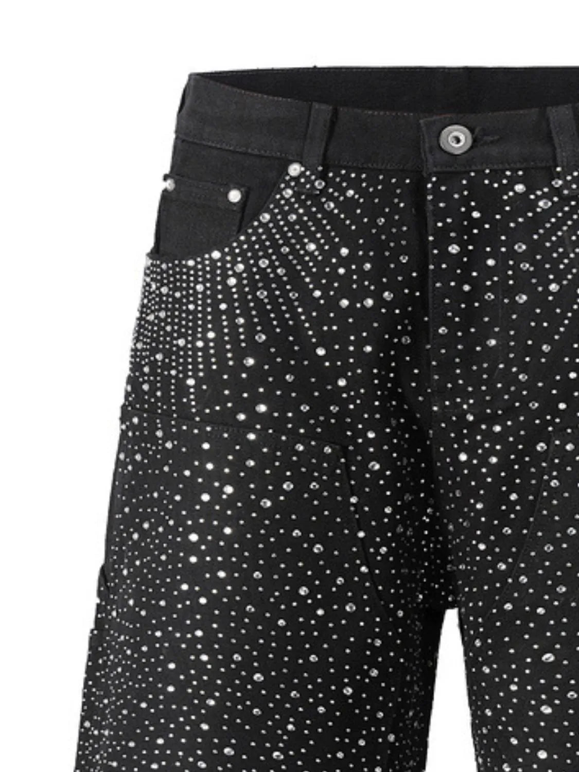 Close up detail of black men's rhinestone shorts showing pockets front view
