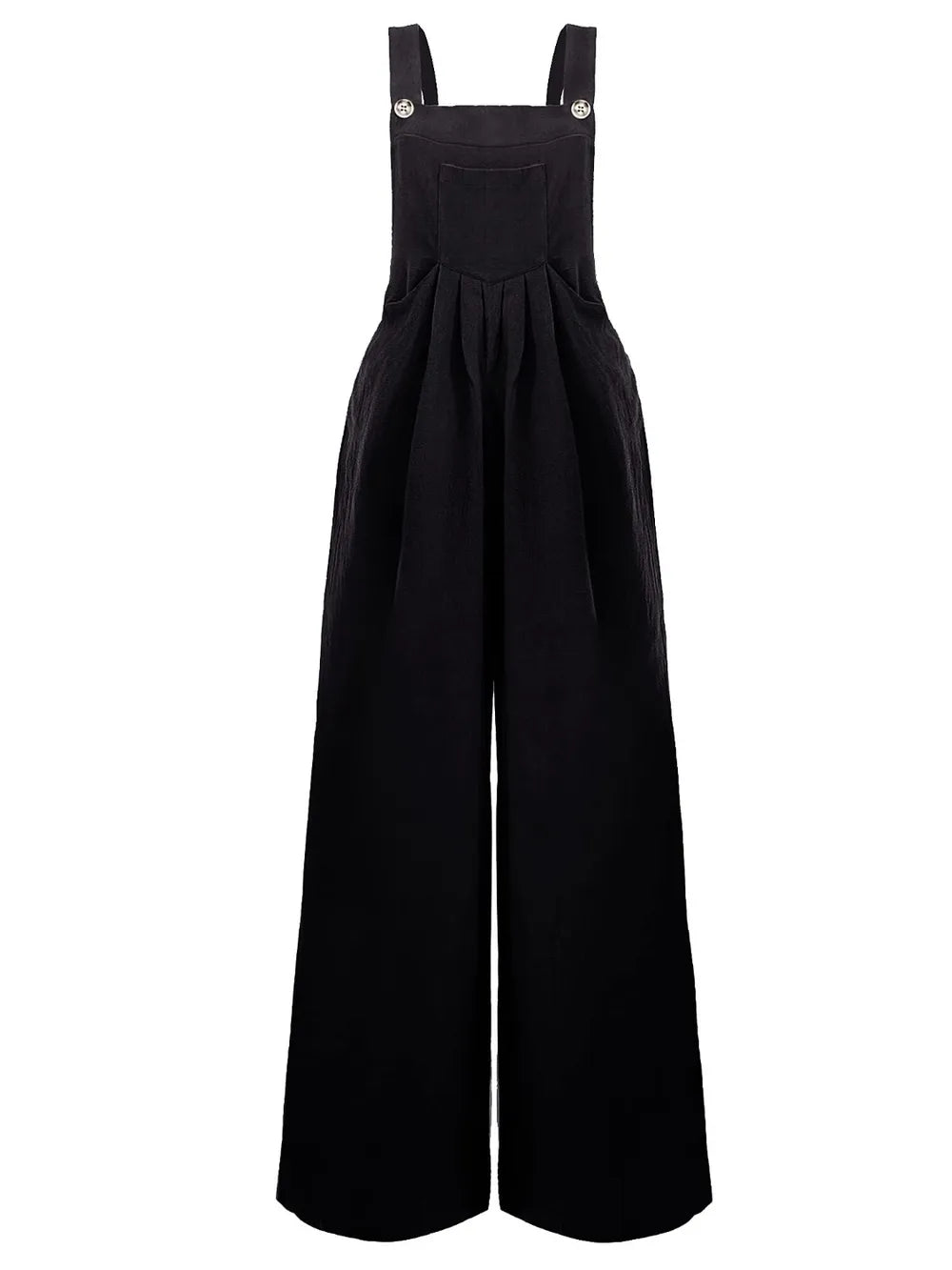 Black square neck wide strap overalls flat lay view

