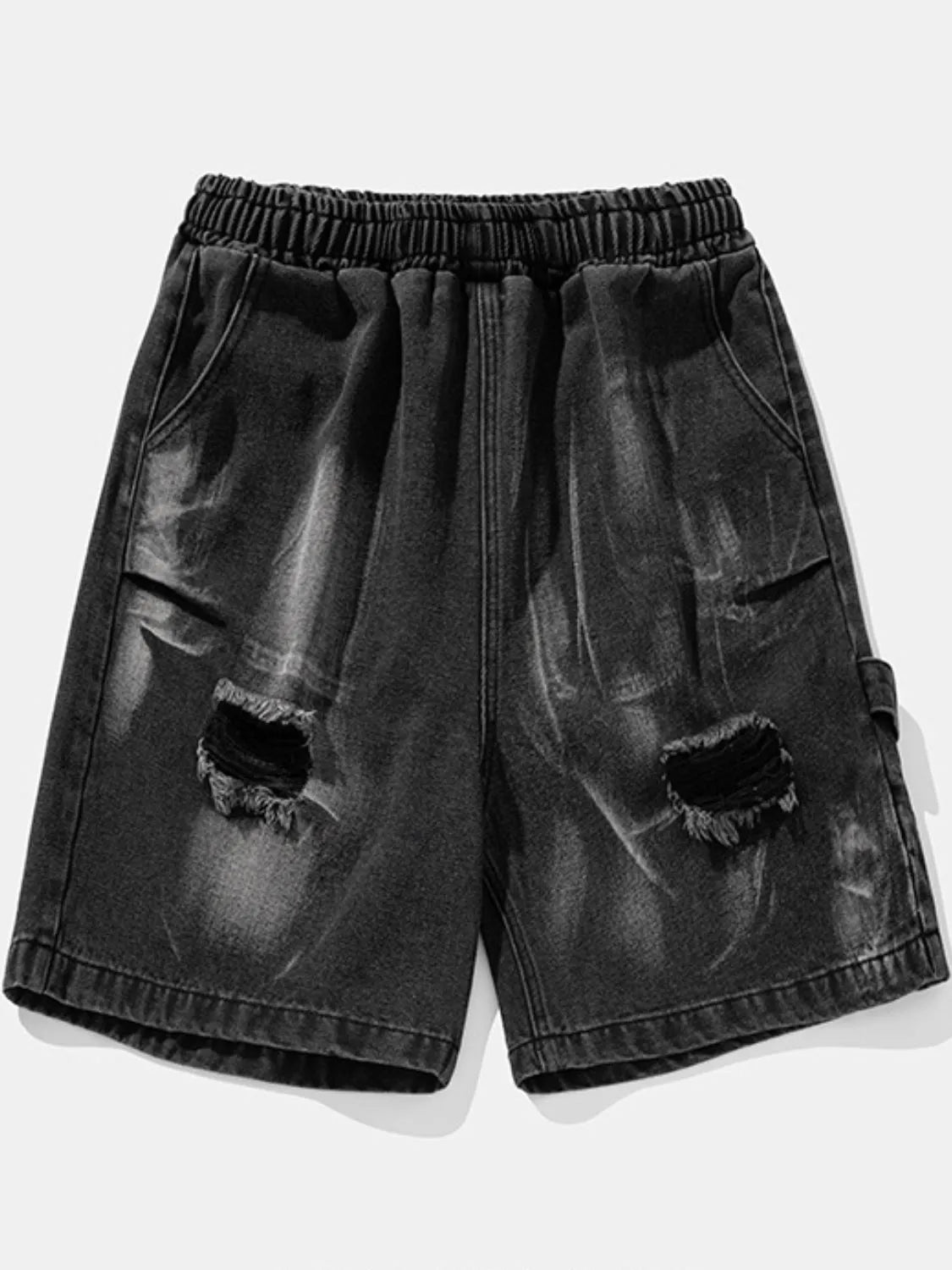 Men's plus size distressed denim shorts detailed close up front view flat lay
