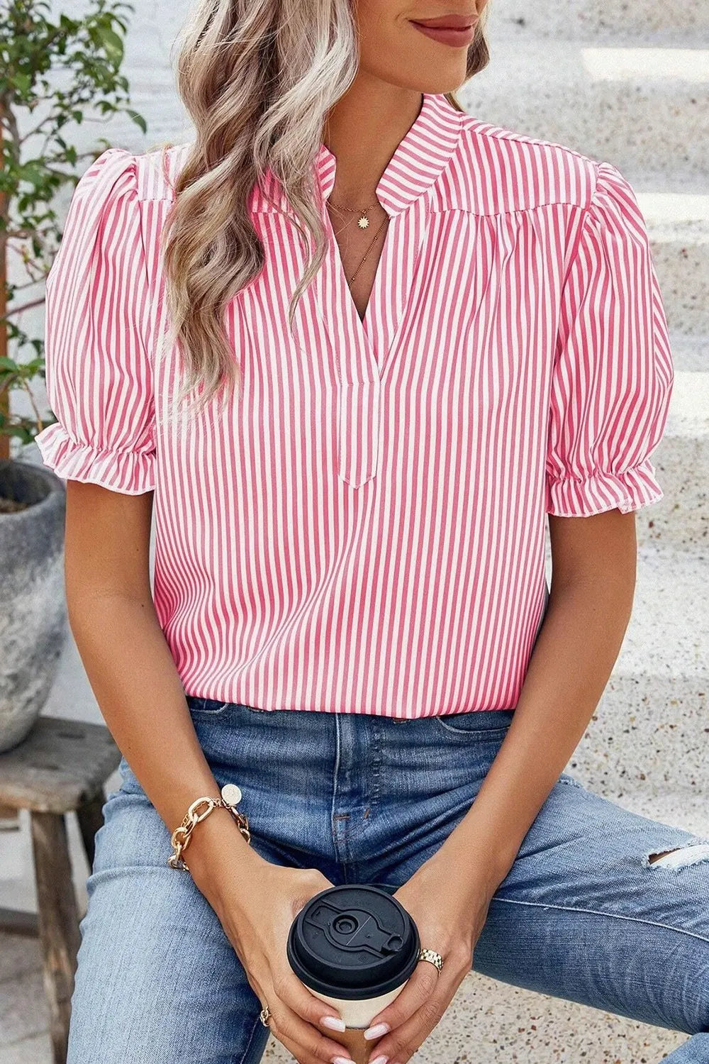 Stripe notched neck frilled puff sleeve blouse front view
