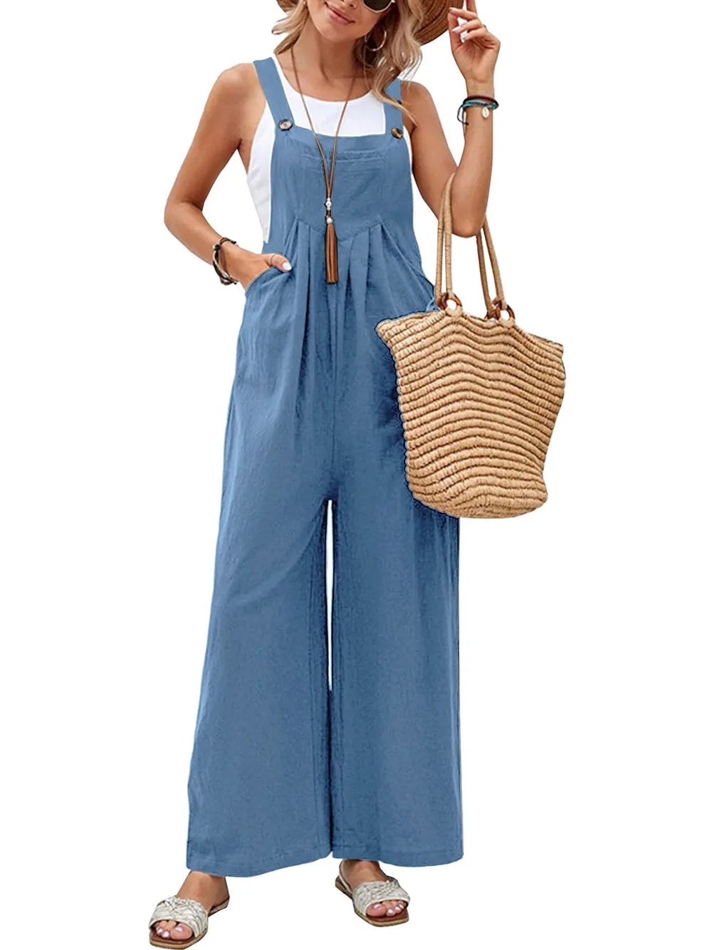 Light blue square neck overalls detailed construction view
